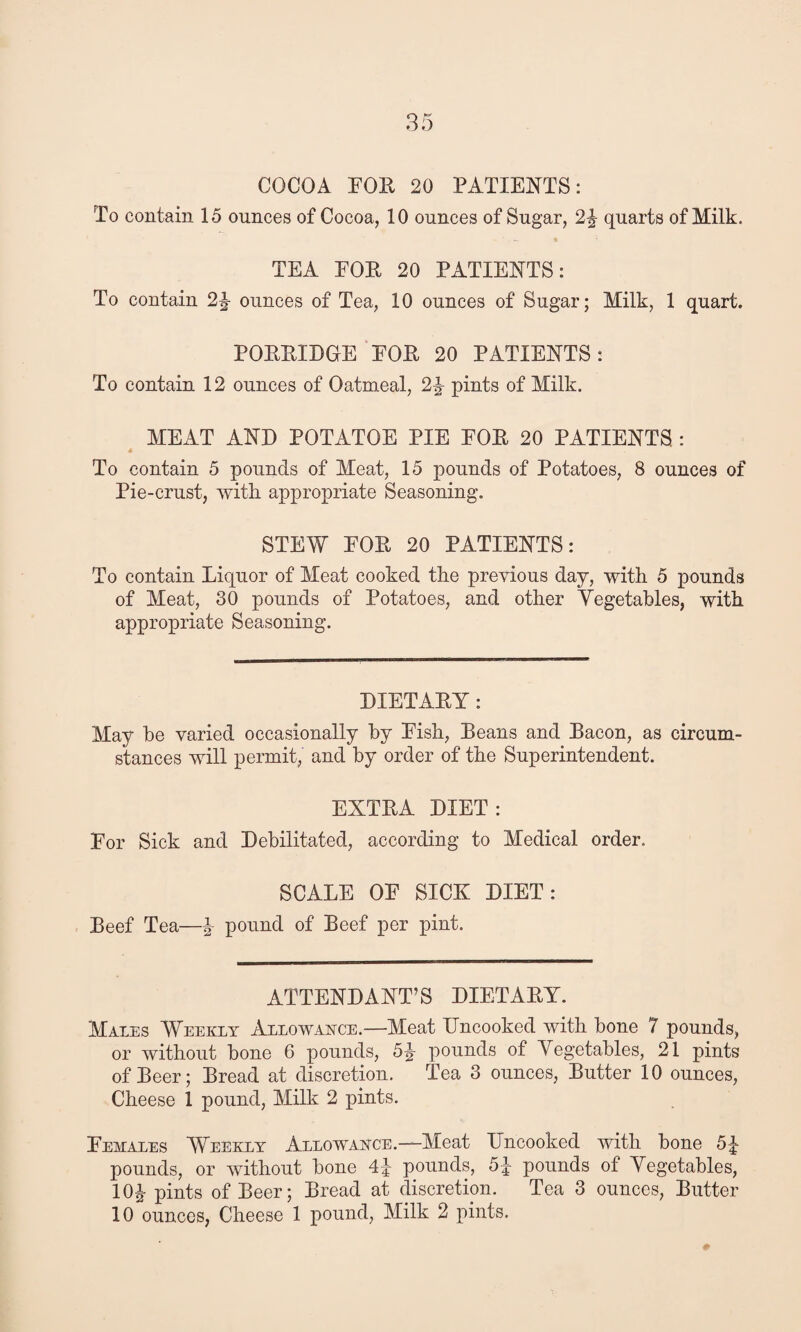 To contain 15 ounces of Cocoa, 10 ounces of Sugar, 2\ quarts of Milk. TEA EOE 20 PATIENTS: To contain ounces of Tea, 10 ounces of Sugar; Milk, 1 quart. POEEIDGE EOE 20 PATIENTS: To contain 12 ounces of Oatmeal, 2\ pints of Milk. MEAT AND POTATOE PIE EOE 20 PATIENTS : To contain 5 pounds of Meat, 15 pounds of Potatoes, 8 ounces of Pie-crust, with appropriate Seasoning. STEW EOE 20 PATIENTS: To contain Liquor of Meat cooked the previous day, with 5 pounds of Meat, 30 pounds of Potatoes, and other Vegetables, with appropriate Seasoning. DIETAEY: May be varied occasionally by Eish, Beans and Bacon, as circum¬ stances will permit, and by order of the Superintendent. EXTEA DIET: For Sick and Debilitated, according to Medical order. SCALE OE SICK DIET: Beef Tea—\ pound of Beef per pint. ATTENDANT’S DIETAEY. Males Weekly Allowance.—Meat Uncooked with bone 7 pounds, or without bone 6 pounds, 5^- pounds of Vegetables, 21 pints of Beer; Bread at discretion. Tea 3 ounces, Butter 10 ounces, Cheese 1 pound, Milk 2 pints. Females Weekly Allowance.—Meat Uncooked with bone 5| pounds, or without bone 4£ pounds, 5| pounds of Vegetables, 10& pints of Beer; Bread at discretion. Tea 3 ounces, Butter 10 ounces, Cheese 1 pound, Milk 2 pints.