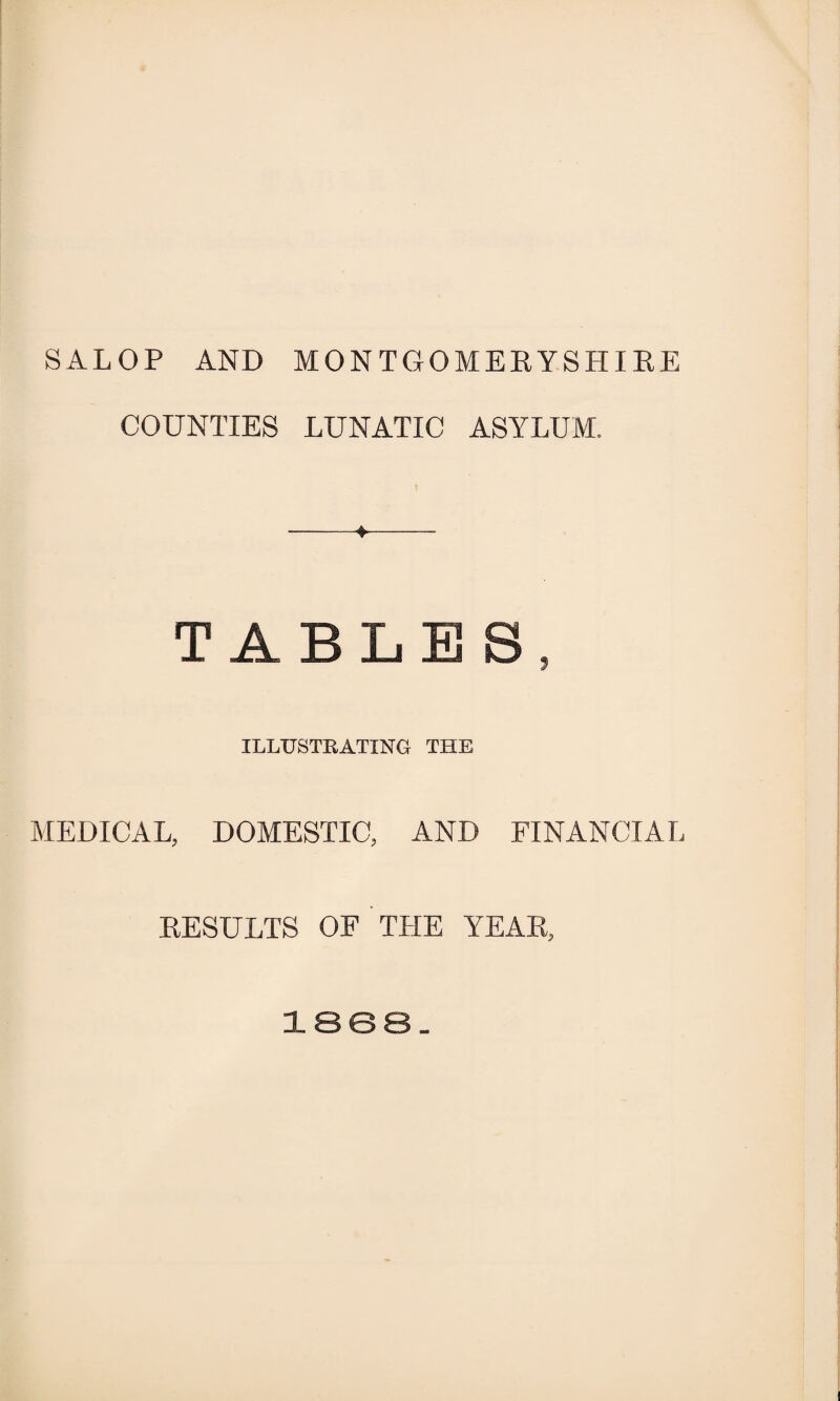 SALOP AND MONTGOMERYSHIRE COUNTIES LUNATIC ASYLUM, TABLES, ILLUSTRATING THE MEDICAL, DOMESTIC, AND FINANCIAL RESULTS OF TLIE YEAR,