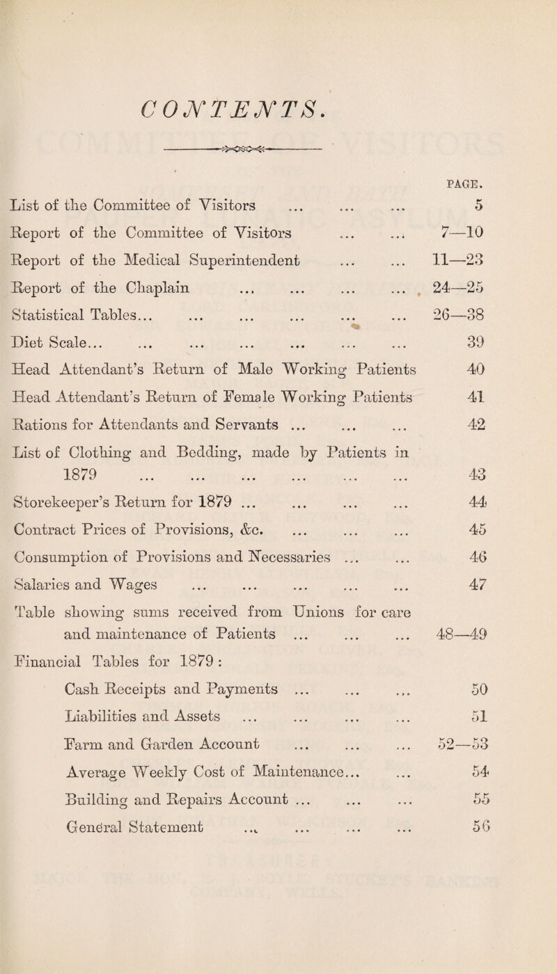 CONTENTS PAGE. List of the Committee of Visitors Report of the Committee of Visitors ... Report of the Medical Superintendent Report of the Chaplain Statistical Tables... Diet Scale... Head Attendant’s Return of Male Working: Patients Head Attendant’s Return of Female Working Patients 5 7—10 11—23 24—25 26—38 39 40 41 Rations for Attendants and Servants 42 List of Clothing and Bedding, made by Patients in 1R79 X '—' f t/ ••• ••• ••• ••• o a • 43 Storekeeper’s Return for 1879 ... ... ... ... 44 Contract Prices of Provisions, &c. ... ... ... 45 Consumption of Provisions and ^Necessaries ... ... 46 Salaries and Wages ... ... ... ... ... 47 Table showing sums received from Unions for care and maintenance of Patients ... ... ... 48—49 Financial Tables for 1879 : Cash Receipts and Payments ... 50 Liabilities and Assets 51 Farm and Garden Account ... 52—53 Average Weekly Cost of Maintenance... 54 Building and Repairs Account ... 55 General Statement 56