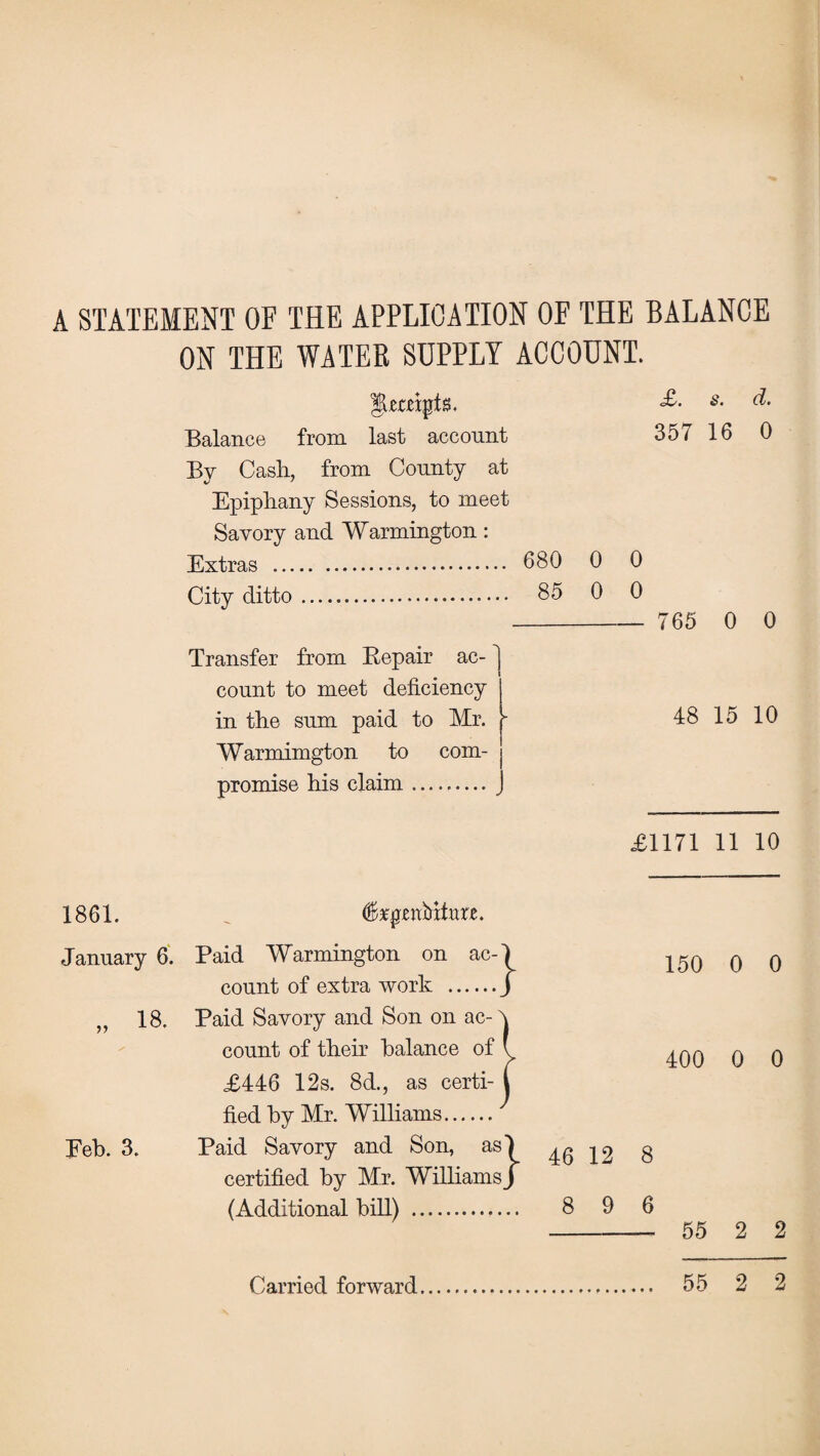 A STATEMENT OF THE APPLICATION OF THE BALANCE ON THE WATER SUPPLY ACCOUNT. |kmpts, «£• cl. Balance from last account 357 16 0 By Cash, from County at Epiphany Sessions, to meet Savory and Warmington: Extras . 680 0 0 City ditto. 85 0 0 - 765 0 0 Transfer from Repair ac¬ count to meet deficiency in the sum paid to Mr. - Warmimgton to com¬ promise his claim.J 48 15 10 £1171 11 10 1861. January 6. 18. Eeb. 3. fepnfrttiTre. Paid Warmington on ac-| count of extra work .j Paid Savory and Son on ac¬ count of their balance of £446 12s. 8d., as certi¬ fied by Mr. Williams. Paid Savory and Son, as) certified by Mr. Williams J (Additional bill) . 150 0 0 400 0 0 46 12 8 8 9 6 - 55 2 2