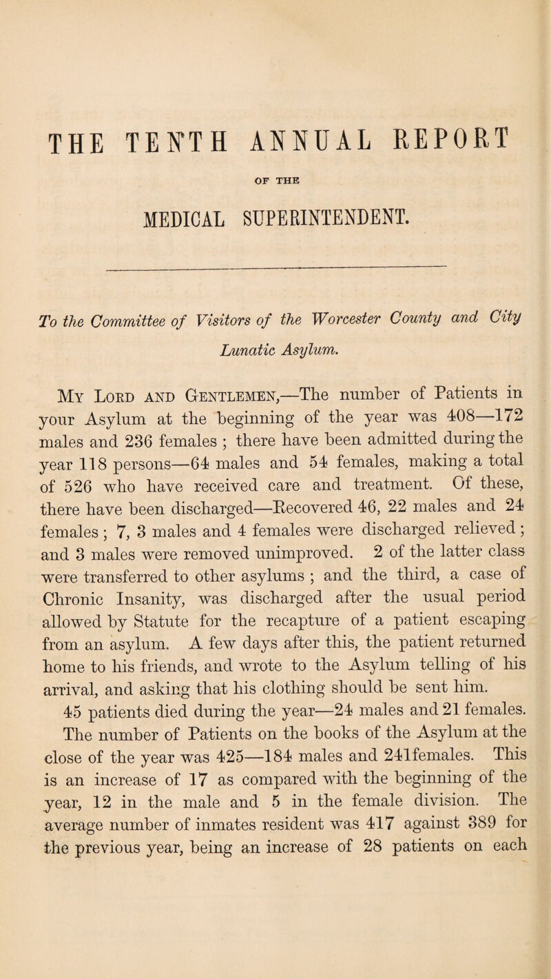 THE TENTH ANNUAL REPORT OF THE MEDICAL SUPERINTENDENT. To the Committee of Visitors of the Worcester County and City I/unatic Asylum. My Lord and Gentlemen,—The number of Patients in your Asylum at the beginning of the year was 408—172 males and 236 females ; there have been admitted during the year 118 persons—64 males and 54 females, making a total of 526 who have received care and treatment. Of these, there have been discharged—Recovered 46, 22 males and 24 females ; 7, 3 males and 4 females were discharged relieved; and 3 males were removed unimproved. 2 of the latter class were transferred to other asylums ; and the third, a case of Chronic Insanity, was discharged after the usual period allowed by Statute for the recapture of a patient escaping from an asylum. A few days after this, the patient returned home to his friends, and wrote to the Asylum telling of his arrival, and asking that his clothing should be sent him. 45 patients died during the year—24 males and 21 females. The number of Patients on the books of the Asylum at the close of the year was 425—184 males and 241 females. This is an increase of 17 as compared with the beginning of the year, 12 in the male and 5 in the female division. The average number of inmates resident was 417 against 389 for the previous year, being an increase of 28 patients on each