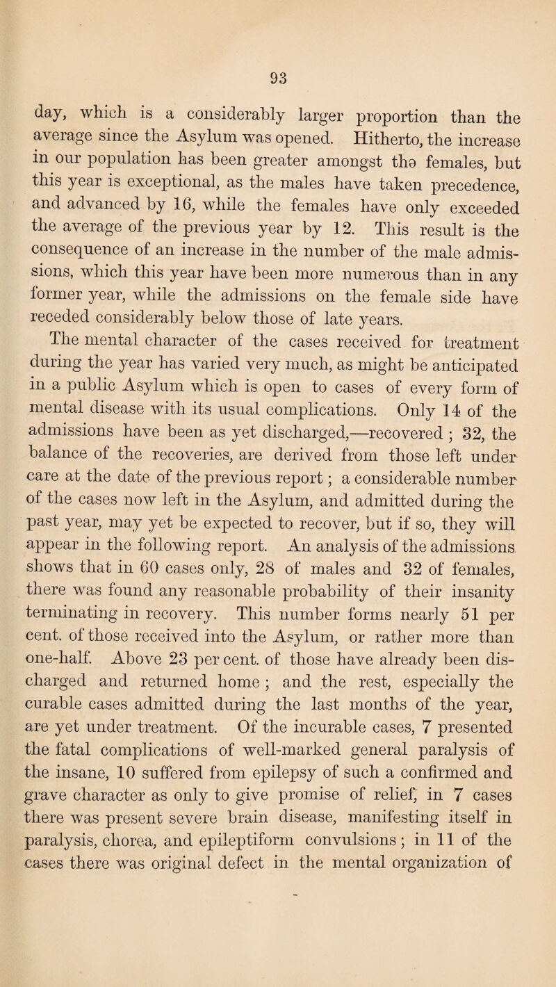day, which is a considerably larger proportion than the average since the Asylum was opened. Hitherto, the increase in our population has been greater amongst tho females, but this year is exceptional, as the males have taken precedence, and advanced by 16, while the females have only exceeded the average of the previous year by 12. This result is the consequence of an increase in the number of the male admis¬ sions, which this year have been more numerous than in any former year, while the admissions on the female side have receded considerably below those of late years. The mental character of the cases received for treatment during the year has varied very much, as might be anticipated in a public Asylum which is open to cases of every form of mental disease with its usual complications. Only 14 of the admissions have been as yet discharged,—recovered ; 32, the balance of the recoveries, are derived from those left under care at the date of the previous report; a considerable number of the cases now left in the Asylum, and admitted during the past year, may yet be expected to recover, but if so, they will appear in the following report. An analysis of the admissions shows that in 60 cases only, 28 of males and 32 of females, there was found any reasonable probability of their insanity terminating in recovery. This number forms nearly 51 per cent, of those received into the Asylum, or rather more than one-half. Above 23 per cent, of those have already been dis¬ charged and returned home ; and the rest, especially the curable cases admitted during the last months of the year, are yet under treatment. Of the incurable cases, 7 presented the fatal complications of well-marked general paralysis of the insane, 10 suffered from epilepsy of such a confirmed and grave character as only to give promise of relief, in 7 cases there was present severe brain disease, manifesting itself in paralysis, chorea, and epileptiform convulsions; in 11 of the cases there was original defect in the mental organization of