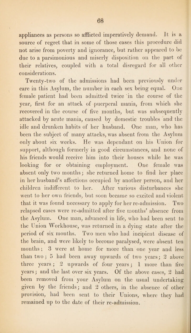 appliances as persons so afflicted imperatively demand. It is a source of regret that in some of those cases this procedure did not arise from poverty and ignorance, but rather appeared to be due to a parsimonious and miserly disposition on the part of their relatives, coupled with a total disregard for all other considerations. Twenty-two of the admissions had been previously under care in this Asylum, the number in each sex being equal. One female patient had been admitted twice in the course of the year, first for an attack of puerperal mania, from which she recovered in the course of five months, but was subsequently attacked by acute mania, caused by domestic troubles and' the idle and drunken habits of her husband. One man, who has been the subject of many attacks, was absent from the Asylum only about six weeks. He was dependant on his Union for support, although formerly in good circumstances, and none of his friends would receive him into their houses while he was looking for or obtaining employment. One female was absent only two months; she returned home to find her place in her husband’s affections occupied by another person, and her children indifferent to her. After various disturbances she went to her own friends, but soon became so excited and violent that it was found necessary to apply for her re-admission. Two relapsed cases were re-admitted after five months’ absence from the Asylum. One man, advanced in life, who had been sent to the Union Workhouse, was returned in a dying state after the period of six months. Two men who had incipient disease of the brain, and were likely to become paralysed, were absent ten months; 3 were at home for more than one year and less than two ; 5 had been away upwards of two years; 2 above three years; 2 upwards of four years; 1 more than tive years; and the last over six years. Of the above cases, 2 had been removed from your Asylum on the usual undertaking given by the friends; and 2 others, in the absence of other provision, had been sent to their Unions, where they had remained up to the date of their re-admission.