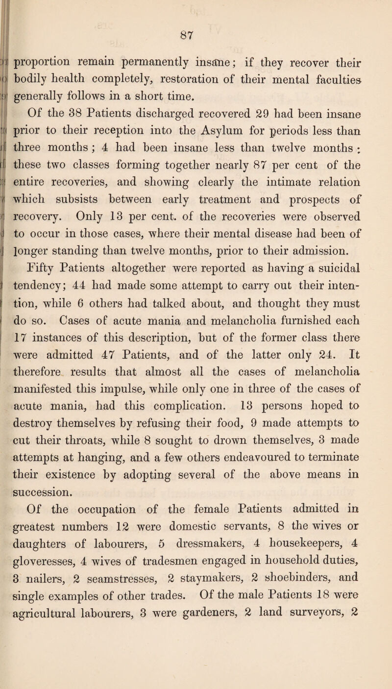 proportion remain permanently insane; if they recover their bodily health completely, restoration of their mental faculties generally follows in a short time. Of the 38 Patients discharged recovered 29 had been insane prior to their reception into the Asylum for periods less than three months ; 4 had been insane less than twelve months ; these two classes forming together nearly 87 per cent of the entire recoveries, and showing clearly the intimate relation which subsists between early treatment and prospects of recovery. Only 13 per cent, of the recoveries were observed to occur in those cases, where their mental disease had been of longer standing than twelve months, prior to their admission. Fifty Patients altogether were reported as having a suicidal tendency; 44 had made some attempt to carry out their inten¬ tion, while 6 others had talked about, and thought they must do so. Cases of acute mania and melancholia furnished each 17 instances of this description, hut of the former class there were admitted 47 Patients, and of the latter only 24. It therefore results that almost all the cases of melancholia manifested this impulse, while only one in three of the cases of acute mania, had this complication. 13 persons hoped to destroy themselves by refusing their food, 9 made attempts to cut their throats, while 8 sought to drown themselves, 3 made attempts at hanging, and a few others endeavoured to terminate their existence by adopting several of the above means in succession. Of the occupation of the female Patients admitted in greatest numbers 12 were domestic servants, 8 the wives or daughters of labourers, 5 dressmakers, 4 housekeepers, 4 gloveresses, 4 wives of tradesmen engaged in household duties, 3 nailers, 2 seamstresses, 2 staymakers, 2 shoebinders, and single examples of other trades. Of the male Patients 18 were agricultural labourers, 3 were gardeners, 2 land surveyors, 2