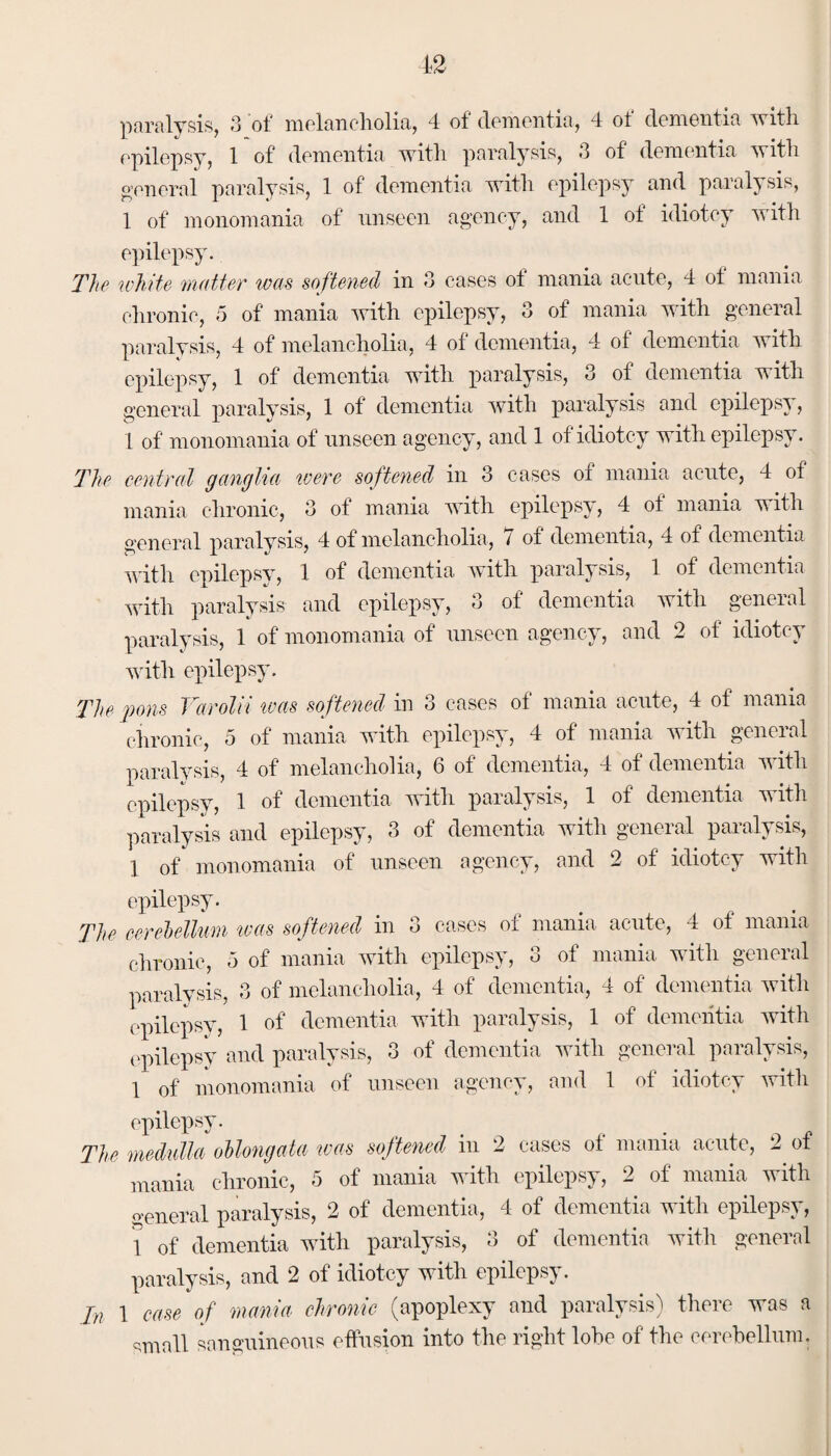 paralysis, 3 of melancholia, 4 of dementia, 4 ot dementia with epilepsy, 1 of dementia with paralysis, 3 of dementia with general paralysis, 1 of dementia with epilepsy and paralysis, 1 of monomania of unseen agency, and 1 of idiotcy with epilepsy. The white matter teas softened in 3 cases of mania acute, 4 ot mania chronic, 5 of mania with epilepsy, 3 of mania with general paralysis, 4 of melancholia, 4 of dementia, 4 of dementia with epilepsy, 1 of dementia with paralysis, 3 of dementia with general paralysis, 1 of dementia with paralysis and epilepsy, 1 of monomania of unseen agency, and 1 of idiotcy with epilepsy. The central ganglia were softened in 3 cases ot mania acute, 4 of mania chronic, 3 ot mania with epilepsy, 4 of mania with general paralysis, 4 of melancholia, 7 of dementia, 4 of dementia with epilepsy, 1 of dementia with paralysis, 1 of dementia with paralysis and epilepsy, 3 of dementia with general paralysis, 1 of monomania of unseen agency, and 2 of idiotcy with epilepsy. The pons Varolii was softened in 3 cases of mania acute, 4 of mania chronic, 5 of mania with epilepsy, 4 of mania with general paralysis, 4 of melancholia, 6 of dementia, 4 of dementia with epilepsy, 1 of dementia with paralysis, 1 of dementia with paralysis and epilepsy, 3 of dementia with general paralysis, 1 of monomania of unseen agency, and 2 of idiotcy with epilepsy. The cerebellum was softened in 3 cases of mania acute, 4 of mania chronic, o of mania with epilepsy, 3 of mania with general paralysis, 3 of melancholia, 4 of dementia, 4 of dementia with epilepsy, 1 of dementia with paralysis, 1 of dementia witli epilepsy and paralysis, 3 of dementia with general paralysis, 1 of' monomania of unseen agency, and 1 of idiotcy with The medulla oblongata was softened in 2 cases ot mania acute, 2 of mania chronic, 5 of mania with epilepsy, 2 of mania with general paralysis, 2 of dementia, 4 of dementia with epilepsy, 1 of dementia with paralysis, 3 of dementia with general paralysis, and 2 of idiotcy with epilepsy. In 1 case of mania chronic (apoplexy and paralysis) there was a small sanguineous effusion into the right lobe of the cerebellum.