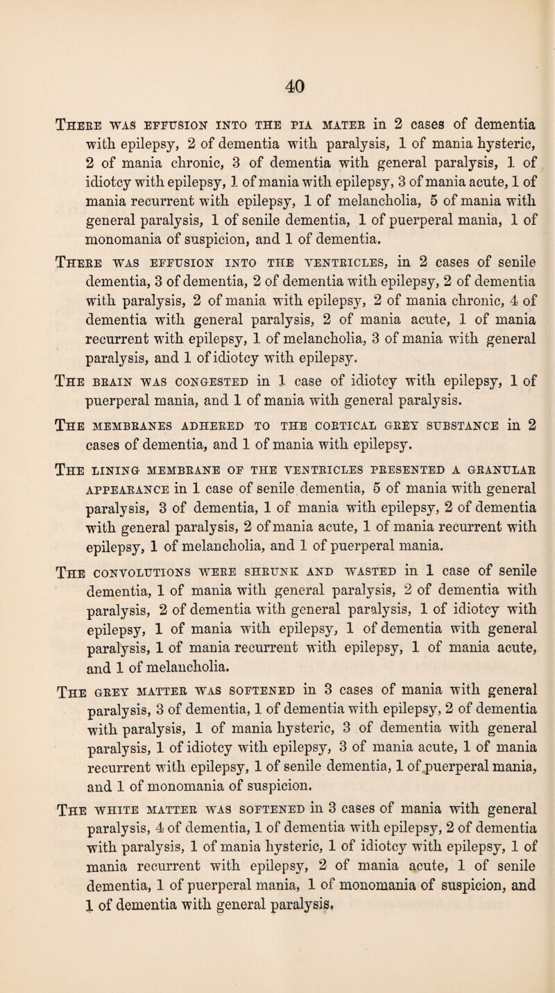 There was effusion into the pia mater in 2 cases of dementia with epilepsy, 2 of dementia with paralysis, 1 of mania hysteric, 2 of mania chronic, 3 of dementia with general paralysis, 1 of idiotcy with epilepsy, 1 of mania with epilepsy, 3 of mania acute, 1 of mania recurrent with epilepsy, 1 of melancholia, 5 of mania with general paralysis, 1 of senile dementia, 1 of puerperal mania, 1 of monomania of suspicion, and 1 of dementia. There was effusion into the yentricles, in 2 cases of senile dementia, 3 of dementia, 2 of dementia with epilepsy, 2 of dementia with paralysis, 2 of mania with epilepsy, 2 of mania chronic, 4 of dementia with general paralysis, 2 of mania acute, 1 of mania recurrent with epilepsy, 1 of melancholia, 3 of mania with general paralysis, and 1 of idiotcy with epilepsy. The brain was congested in X case of idiotcy with epilepsy, 1 of puerperal mania, and 1 of mania with general paralysis. The membranes adhered to the cortical grey substance in 2 cases of dementia, and 1 of mania with epilepsy. The lining membrane of the ventricles presented a granular appearance in 1 case of senile dementia, 5 of mania with general paralysis, 3 of dementia, 1 of mania with epilepsy, 2 of dementia with general paralysis, 2 of mania acute, 1 of mania recurrent with epilepsy, 1 of melancholia, and 1 of puerperal mania. The convolutions were shrunk and wasted in 1 case of senile dementia, 1 of mania with general paralysis, 2 of dementia with paralysis, 2 of dementia with general paralysis, 1 of idiotcy with epilepsy, 1 of mania with epilepsy, 1 of dementia with general paralysis, 1 of mania recurrent with epilepsy, 1 of mania acute, and 1 of melancholia. The grey matter was softened in 3 cases of mania with general paralysis, 3 of dementia, 1 of dementia with epilepsy, 2 of dementia with paralysis, 1 of mania hysteric, 3 of dementia with general paralysis, 1 of idiotcy with epilepsy, 3 of mania acute, 1 of mania recurrent with epilepsy, 1 of senile dementia, 1 of puerperal mania, and 1 of monomania of suspicion. The white matter was softened in 3 cases of mania with general paralysis, 4 of dementia, 1 of dementia with epilepsy, 2 of dementia with paralysis, 1 of mania hysteric, 1 of idiotcy with epilepsy, 1 of mania recurrent with epilepsy, 2 of mania acute, 1 of senile dementia, 1 of puerperal mania, 1 of monomania of suspicion, and X of dementia with general paralysis.