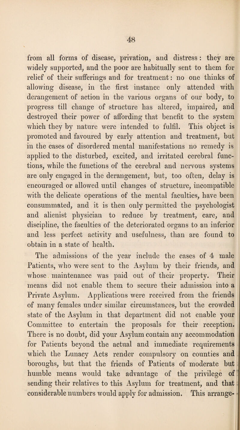 from all forms of disease, privation, and distress : they are widely supported, and the poor are habitually sent to them for relief of their sufferings and for treatment: no one thinks of allowing disease, in the first instance only attended with derangement of action in the various organs of our body, to progress till change of structure has altered, impaired, and destroyed their power of affording that benefit to the system which they by nature were intended to fulfil. This object is promoted and favoured by early attention and treatment, but in the cases of disordered mental manifestations no remedy is applied to the disturbed, excited, and irritated cerebral func¬ tions, while the functions of the cerebral and nervous systems are only engaged in the derangement, but, too often, delay is encouraged or allowed until changes of structure, incompatible with the delicate operations of the mental faculties, have been consummated, and it is then only permitted the psychologist and alienist physician to reduce by treatment, care, and discipline, the faculties of the deteriorated organs to an inferior and less perfect activity and usefulness, than are found to obtain in a state of health. The admissions of the year include the cases of 4 male Patients, who were sent to the Asylum by their friends, and whose maintenance was paid out of their property. Their means did not enable them to secure their admission into a Private Asylum. Applications were received from the friends of many females under similar circumstances, but the crowded state of the Asylum in that department did not enable your Committee to entertain the proposals for their reception. There is no doubt, did your Asylum contain any accommodation for Patients beyond the actual and immediate requirements which the Lunacy Acts render compulsory on counties and boroughs, but that the friends of Patients of moderate but humble means would take advantage of the privilege of sending their relatives to this Asylum for treatment, and that considerable numbers would apply for admission. This arrange-