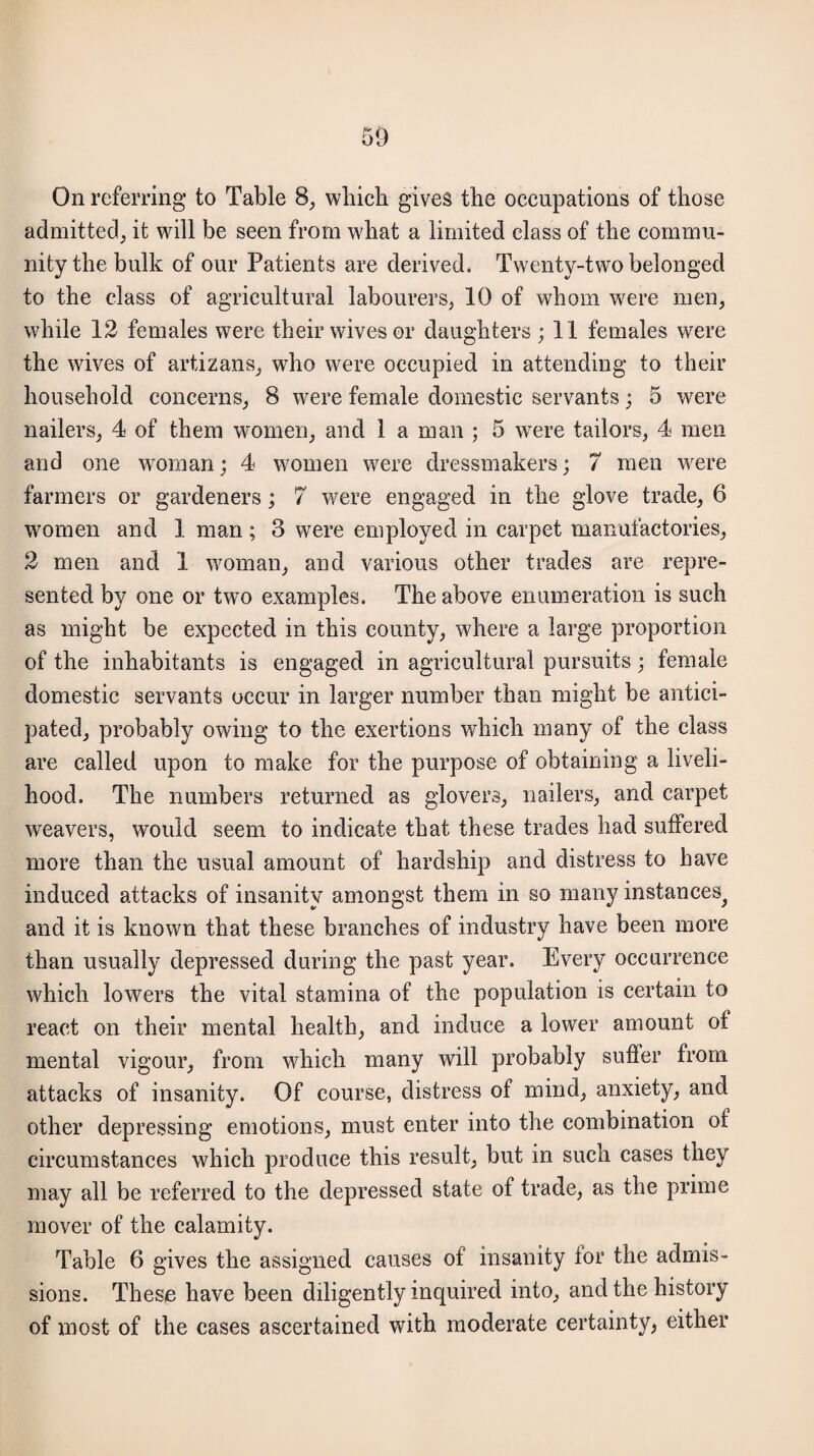 On referring to Table 8, which gives the occupations of those admitted, it will be seen from what a limited class of the commu¬ nity the bulk of our Patients are derived. Twenty-two belonged to the class of agricultural labourers; 10 of whom were men; while 12 females were their wives or daughters ; 11 females were the wives of artizans, who were occupied in attending to their household concerns; 8 were female domestic servants; 5 were nailers; 4 of them women; and 1 a man ; 5 were tailors, 4 men and one woman; 4 women were dressmakers; 7 men were farmers or gardeners; 7 were engaged in the glove trade, 6 women and 1 man; 3 were employed in carpet manufactories, 2 men and 1 woman, and various other trades are repre¬ sented by one or two examples. The above enumeration is such as might be expected in this county, where a large proportion of the inhabitants is engaged in agricultural pursuits; female domestic servants occur in larger number than might be antici¬ pated, probably owing to the exertions which many of the class are called upon to make for the purpose of obtaining a liveli¬ hood. The numbers returned as glovers, nailers, and carpet weavers, would seem to indicate that these trades had suffered more than the usual amount of hardship and distress to have induced attacks of insanity amongst them in so many instances^ and it is known that these branches of industry have been more than usually depressed during the past year. Every occurrence which lowers the vital stamina of the population is certain to react on their mental health, and induce a lower amount of mental vigour, from which many will probably suffer from attacks of insanity. Of course, distress of mind, anxiety, and other depressing emotions, must enter into the combination of circumstances which produce this result, but in such cases they may all be referred to the depressed state of trade, as the prime mover of the calamity. Table 6 gives the assigned causes of insanity lor the admis¬ sions. These have been diligently inquired into, and the history of most of the cases ascertained with moderate certainty, either
