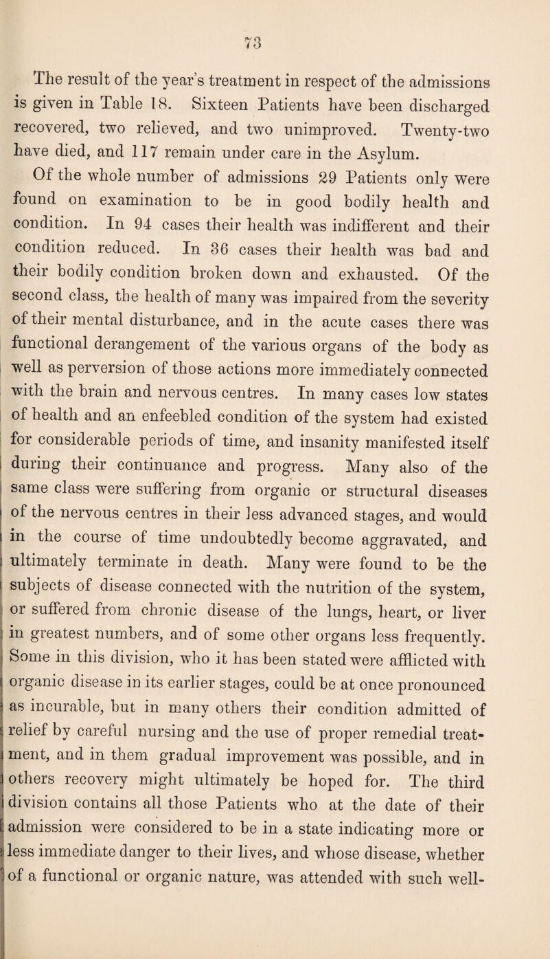 The result of the year’s treatment in respect of the admissions is given in Table 18. Sixteen Patients have been discharged recovered, two relieved, and two unimproved. Twenty-two have died, and 117 remain under care in the Asylum. Of the whole number of admissions 29 Patients only were found on examination to be in good bodily health and condition. In 94 cases their health was indifferent and their condition reduced. In 36 cases their health was bad and their bodily condition broken down and exhausted. Of the second class, the health of many was impaired from the severity of their mental disturbance, and in the acute cases there was functional derangement of the various organs of the body as well as perversion of those actions more immediately connected with the brain and nervous centres. In many cases low states of health and an enfeebled condition of the system had existed for considerable periods of time, and insanity manifested itself i during their continuance and progress. Many also of the same class were suffering from organic or structural diseases of the nervous centres in their less advanced stages, and would in the course of time undoubtedly become aggravated, and ultimately terminate in death. Many were found to be the subjects of disease connected with the nutrition of the system, or suffered from chronic disease of the lungs, heart, or liver in greatest numbers, and of some other organs less frequently. Some in this division, who it has been stated were afflicted with organic disease in its earlier stages, could be at once pronounced as incurable, but in many others their condition admitted of relief by careful nursing and the use of proper remedial treat¬ ment, and in them gradual improvement was possible, and in others recovery might ultimately be hoped for. The third division contains all those Patients who at the date of their : admission were considered to be in a state indicating more or Iless immediate danger to their lives, and whose disease, whether of a functional or organic nature, was attended with such well-