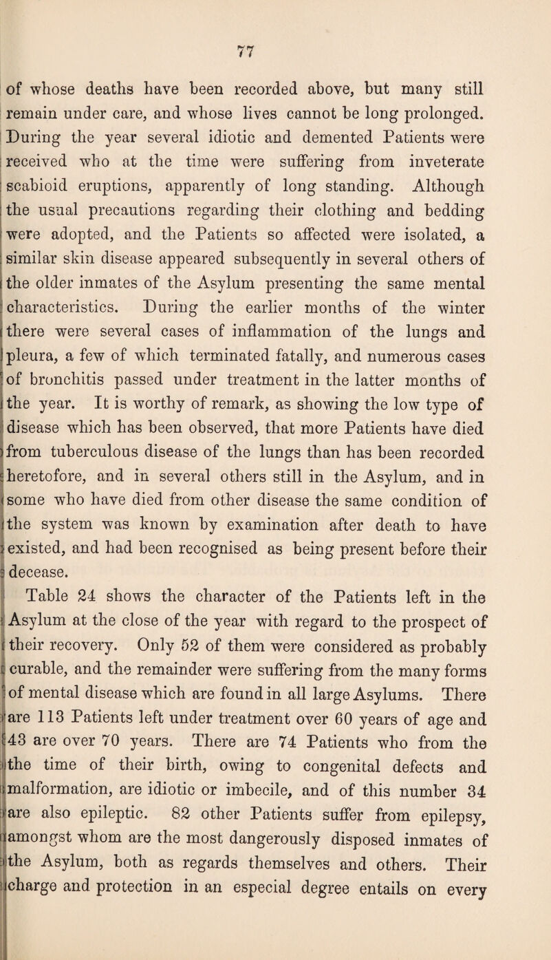 of whose deaths have been recorded above, but many still remain under care, and whose lives cannot he long prolonged. During the year several idiotic and demented Patients were received who at the time were suffering from inveterate scabioid eruptions, apparently of long standing. Although the usual precautions regarding their clothing and bedding were adopted, and the Patients so affected were isolated, a similar skin disease appeared subsequently in several others of the older inmates of the Asylum presenting the same mental characteristics. During the earlier months of the winter there were several cases of inflammation of the lungs and pleura, a few of which terminated fatally, and numerous cases of bronchitis passed under treatment in the latter months of the year. It is worthy of remark, as showing the low type of disease which has been observed, that more Patients have died from tuberculous disease of the lungs than has been recorded heretofore, and in several others still in the Asylum, and in some who have died from other disease the same condition of [the system was known by examination after death to have I existed, and had been recognised as being present before their decease. Table 24 shows the character of the Patients left in the : Asylum at the close of the year with regard to the prospect of (their recovery. Only 52 of them were considered as probably i curable, and the remainder were suffering from the many forms of mental disease which are found in all large Asylums. There rare 113 Patients left under treatment over 60 years of age and 143 are over 70 years. There are 74 Patients who from the the time of their birth, owing to congenital defects and malformation, are idiotic or imbecile, and of this number 34 are also epileptic. 82 other Patients suffer from epilepsy, i amongst whom are the most dangerously disposed inmates of • the Asylum, both as regards themselves and others. Their i charge and protection in an especial degree entails on every
