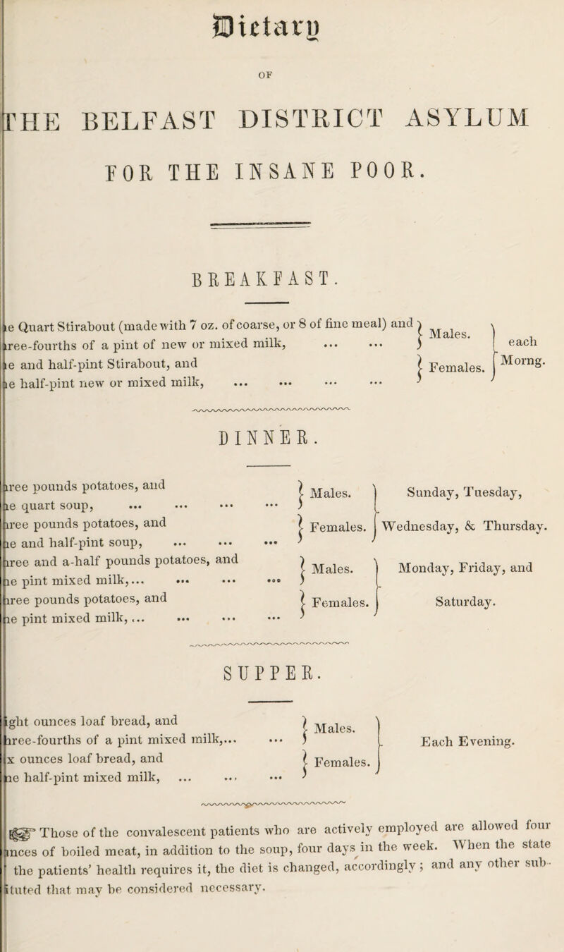 Dietary OF rHE BELFAST DISTRICT ASYLUM FOR THE INSANE POOR. ie tree-fourths of a pint of new or mixed milk, e and half-pint Stirabout, and ie half-pint new or mixed milk, BREAKFAST. Quart Stirabout (made with 7 oz. of coarse, or 8 of fine meal) and r • • • • • • ) . } Males. Females. each Morng. DINNER iree pounds potatoes, and f Males. ie quart soup, ) iree pounds potatoes, and [ Females. ie and half-pint soup, ... ... ••• ) iree and a-half pounds potatoes, and | Males. ie pint mixed milk,... ••• ... tree pounds potatoes, and [ Females. ie pint mixed milk,... ) Sunday, Tuesday, Monday, Friday, and Saturday. SUPPER. ight ounces loaf bread, and iree-fourths of a pint mixed milk,... tie half-pint mixed milk, Those of the convalescent patients who are actively employed are allowed foui ■races of boiled meat, in addition to the soup, four days in the week. When the state the patients’ health requires it, the diet is changed, accordingly; and any other sub¬ mitted that may be considered necessary. j Males. Each Evening.