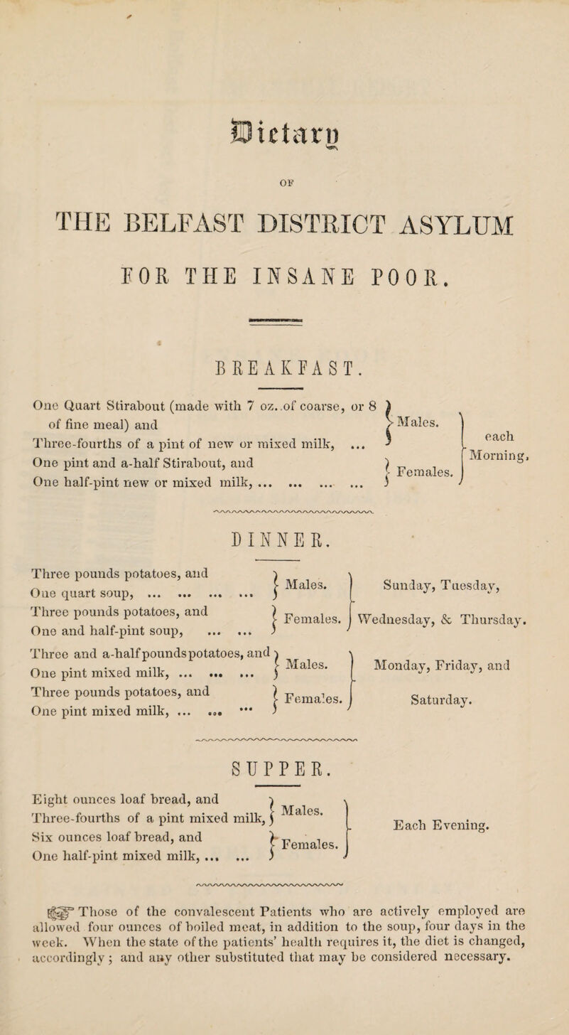 OF THE BELFAST DISTRICT ASYLUM FOR THE INSANE POOR. BREAKFAST. One Quart Stirabout (made with 7 oz. .of coarse, or 8 of fine meal) and Three-fourths of a pint of new or mixed milk, One pint and a-half Stirabout, and One half-pint new or mixed milk,. } Males. I i Females. each Morning, * DINNER. Three pounds potatoes, and One quart soup, .. Three pounds potatoes, and One and half-pint soup, Three and a-half pounds potatoes, and One pint mixed milk, ... ... Three pounds potatoes, and One pint mixed milk, ... ... Males. Females. Males. Females. Sunday, Tuesday, Wednesday, & Thursday. Monday, Friday, and Saturday. SUPPER. Eight ounces loaf bread, and Three-fourths of a pint mixed milk, Six ounces loaf bread, and One half-pint mixed milk,. I \ Males. Females. Each Evening. Those of the convalescent Patients who are actively employed are allowed four ounces of boiled meat, in addition to the soup, four days in the week. When the state of the patients’ health requires it, the diet is changed, accordingly; and any other substituted that may be considered necessary.