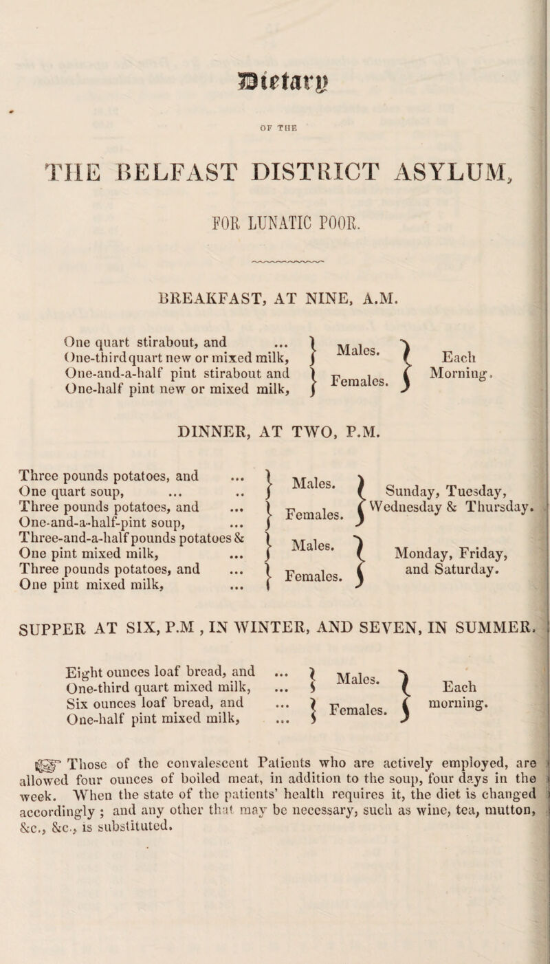 ■©irtarj? OF THE THE BELFAST DISTRICT ASYLUM, FOR LUNATIC POOR. BREAKFAST, AT NINE, A.M. One quart stirabout, and One-third quart new or mixed milk, One-and-a-half pint stirabout and One-half pint new or mixed milk, DINNER, AT TWO, P.M. } Males’ ) Each | Females. ) Morning. Three pounds potatoes, and One quart soup, Three pounds potatoes, and One-and-a-half-pint soup, Three-and-a-half pounds potatoes & One pint mixed milk, Three pounds potatoes, and One pint mixed milk, } i i Males. Females. Males. Females. } } Sunday, Tuesday, VVednesday & Thursday. Monday, Friday, and Saturday. SUPPER AT SIX, P.M , IN WINTER, AND SEVEN, IN SUMMER. Eight ounces loaf bread, and One-third quart mixed milk, Six ounces loaf bread, and One-half pint mixed milk, igU’ Those of the convalescent Patients who are actively employed, are i allowed four ounces of boiled meat, in addition to the soup, four days in the j week. When the state of the patients’ health requires it, the diet is changed i accordingly ; and any other that may be necessary, such as wine, tea, mutton, j &c., &c.> is substituted. } Malcs‘ I Each ] Females. $ mornin&-