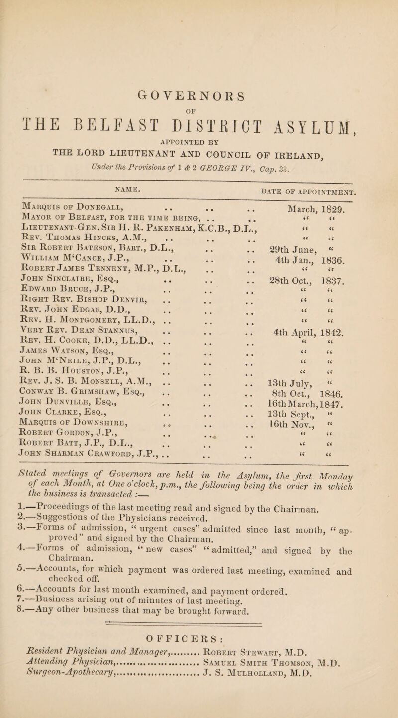 GOVERNORS OF THE BELFAST DISTRICT ASYLUM, APPOINTED BY THE LORD LIEUTENANT AND COUNCIL OF IRELAND, Under the Provisions of 1 & 2 GEORGE IV., Cap. 33, NAME. date of appointment. .B.,D.L L., Marquis of Donegall, Mayor of Belfast, for the time being, Lieutenant-Gen. Sir H. R. Pakenham, K Rev. Thomas Hincks, A.M., Sir Robert Bateson, Bart., D.] William M‘Cance, J.P., Robert .Tames Tennent, M.P., John Sinclaire, Esq., Edward Bruce, J.P., Right Rev. Bishop Denvir, Rev. John Edgar, D.D., Rev. H. Montgomery, LL.D., Very Rev. Dean Stannus, Rev. H. Cooke, D.D., LL.D., James Watson, Esq., John M‘Neile, J.P., D.L., R. B. B. Houston, J.P., Rev. J. S. B. Monsell, A.M., Conway B. Grimsiiaw, Esq., John Dunville, Esq., John Clarke, Esq., Marquis of Downshire, Robert Gordon, J.P., Robert Batt, J.P., D.L., John Sharman Crawford, J.P., Stated meetings of Governors are held in the A . _,7 71/f jT i 11 i . * ... . . March, 1829. k a a « ft u 29th June, “ 4th Jan., 1836. it it 28th Oct., 1837. (c a a a a a it a 4th April, 1842. U u u (( u 13th Julv, K 8th Ocl, 1846. 16th March, 1847. 13th Sept,, “ 16 th Nov., “ <( (< U it ti a /him, the first Monday 1/r l w V/LO JU CL At.lUUU.Uy of each Month, at One o clock, p.m., the following being the order in which the business is transacted * 1. —Proceedings of the last meeting read and signed by the Chairman. 2. —Suggestions of the Physicians received. 3. —Forms of admission, “ urgent cases” admitted since last month, “ ap¬ proved” and signed by the Chairman. 4. —Forms of admission, “new cases” “admitted,” and signed bv the Chairman. 5. —Accounts, for which payment was ordered last meeting, examined and checked off. 6. Accounts for last month examined, and payment ordered. 7. —Business arising out of minutes of last meeting. 8*—-Auy other business that may be brought forward. OFFICERS: Resident Physician and Manager,.Robert Stewart, M.D. Attending Physician.. Samuel Smith Thomson, M.D. Surgeon-Apothecary,.J. S. Mulholland, M.D.