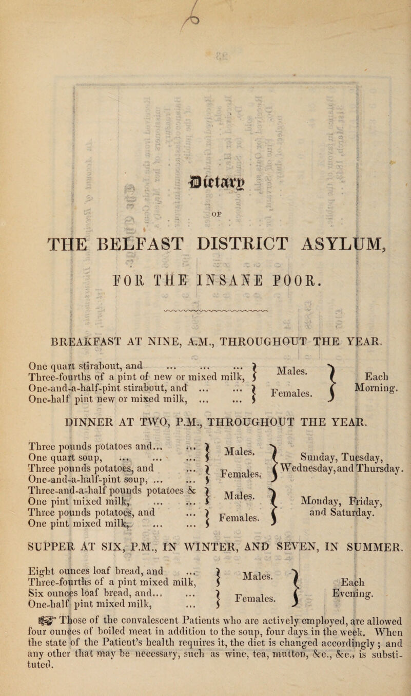 Dirtavt? r OF THE BELFAST DISTRICT ASYLUM. FOR THE INSANE POOR. BREAKFAST AT NINE, A.M., THROUGHOUT THE YEAR, One quart stirabout, and Three-fourths of a pint of new or mixed milk, One-and-a-lialf-pint stirabout, and ... One-half pint new or mixed milk, . Males. Females. } Each Morning1. DINNER AT TWO, P.M., THROUGHOUT THE YEAR. Three pounds potatoes and... ... > One quart soup, ... ... -> ... $ Three pounds potatoes, and ... ^ One-and-a-lialf-pint soup, ... ... $ Three-and-a-half pounds potatoes & 1 One pint mixed milk, ... ... 1 Three pounds potatoes, and ... ) One pint mixed milk, ... ... > Males. Females. Males. Females. f Sunday, Tuesday, £ Wednesday, and Thursday. Monday, Friday, and Saturday. SUPPER AT SIX, P.M., IN WINTER, AND SEVEN, IN SUMMER. Eight ounces loaf bread, and Tliree-fourths of a pint mixed milk, Six ounces loaf bread, and... One-half pint mixed milk, Those of the convalescent Patients who are actively employed, are allowed four ounces of boiled meat in addition to the soup, four days in the week. When the state of the Patient’s health requires it, the diet is changed accordingly ; and any other that may be necessary, such as wine, tea, mutton, &c., &c.> is substi¬ tuted. Males. | Females. } Each Evening.