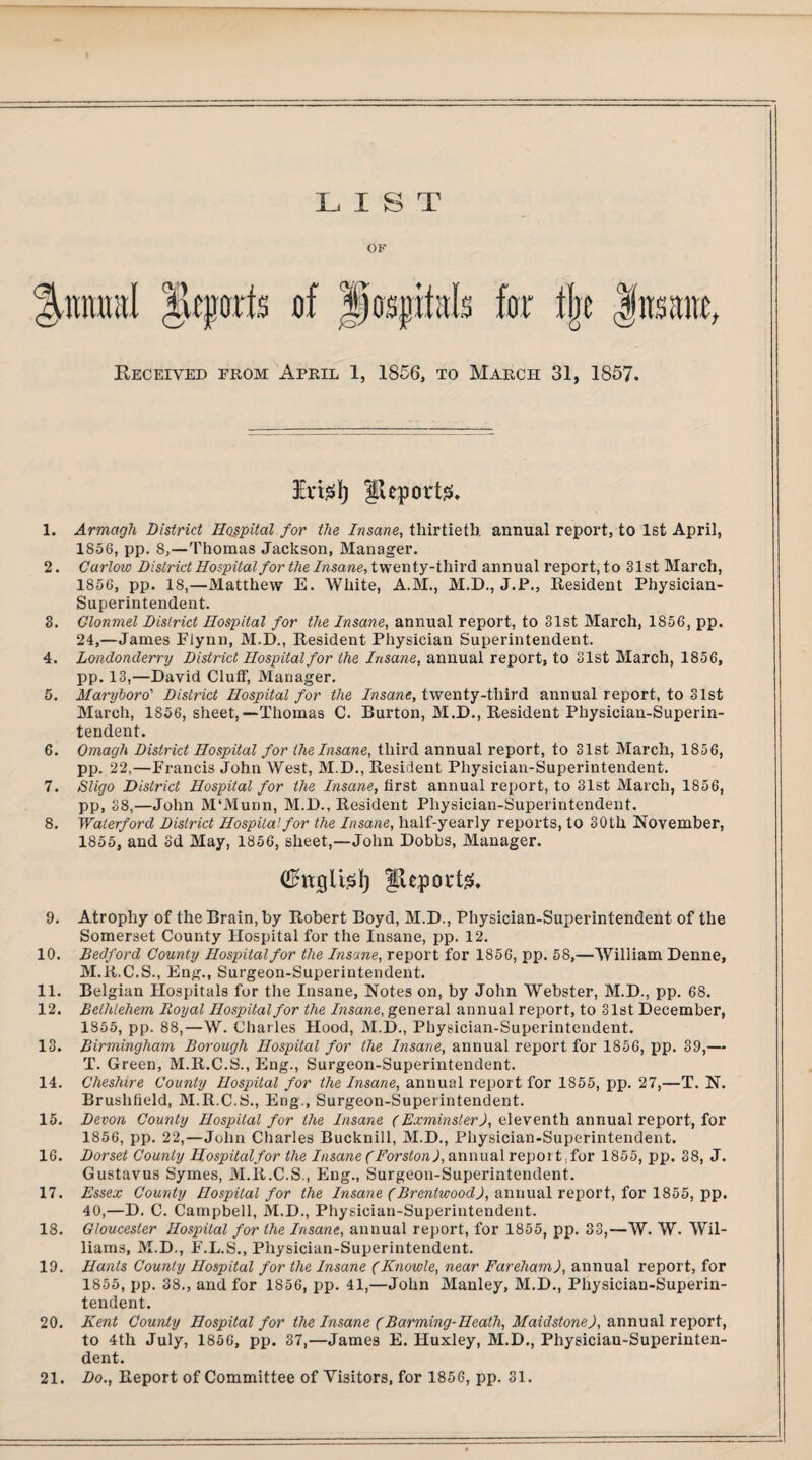 LIST OK JttramI JUptfo of Jjosjjitals for i\t Jits ant, Received from April 1, 1856, to March 31, 1857. Irtel) Jlqiorts, 1. Armagh District Hospital for the Insane, thirtieth annual report, to 1st April, 1856, pp. 8,—Thomas Jackson, Manager. 2. Carlow District Hospital for the Insane, twenty-third annual report, to 31st March, 1856, pp. 18,—Matthew E. White, A.M., M.D., J.P., Resident Physician- Superintendent. S. Clonmel District Hospital for the Insane, annual report, to 31st March, 1856, pp. 24,—James Flynn, M.D., Resident Physician Superintendent. 4. Londonderry District Hospital for the Insane, annual report, to 31st March, 1856, pp. 13,—David Cluff, Manager. 5. Maryloro' District Hospital for the Insane, twenty-third annual report, to Slst March, 1856, sheet,—Thomas C. Burton, M.D., Resident Physician-Superin¬ tendent. 6. Omagh District Hospital for the Insane, third annual report, to Slst March, 1856, pp. 22,—Francis John West, M.D., Resident Physician-Superintendent. 7. Sligo District Hospital for the Insane, first annual report, to 31st March, 1856, pp, 38,—John M'Munn, M.D., Resident Physician-Superintendent. 8. Waterford District Hospital for the Insane, half-yearly reports, to 30th November, 1855, and 3d May, 1856, sheet,—John Dobbs, Manager. (Ohtcjlis!) JUpocte, 9. Atrophy of the Brain, by Robert Boyd, M.D., Physician-Superintendent of the Somerset County Hospital for the Insane, pp. 12. 10. Bedford County Hospital for the Insane, report for 1856, pp. 58,—William Denne, M.R.C.S., Eng., Surgeon-Superintendent. 11. Belgian Hospitals for the Insane, Notes on, by John Webster, M.D., pp. 68. 12. Bethlehem Royal Hospital for the Insane, general annual report, to 31st December, 1855, pp. 88,—W. Charles Hood, M.D., Physician-Superintendent. 13. Birmingham Borough Hospital for the Insane, annual report for 1856, pp. 39,— T. Green, M.R.C.S., Eng., Surgeon-Superintendent. 14. Cheshire County Hospital for the Insane, annual report for 1855, pp. 27,—T. N. Brushfield, M.R.C.S., Eng., Surgeon-Superintendent. 15. Devon County Hospital for the Insane (Exminster), eleventh annual report, for 1856, pp. 22,—John Charles Bucknill, M.D., Physician-Superintendent. 16. Dorset County Hospitalfor the Insane (Forston), annual report , for 1855, pp. 38, J. Gustavus Symes, M.R.C.S., Eng., Surgeon-Superintendent. 17. Essex County Hospital for the Insane (Brentwood), annual report, for 1855, pp. 40,—D. C. Campbell, M.D., Physician-Superintendent. 18. Gloucester Hospital for the Insane, annual report, for 1855, pp. 33,—W. W. Wil¬ liams, M.D., F.L.S., Physician-Superintendent. 19. Hants County Hospital for the Insane (Knowle, near Fareham), annual report, for 1855, pp. 38., and for 1856, pp. 41,—John Manley, M.D., Physician-Superin¬ tendent. 20. Kent County Hospital for the Insane (Barming-Heath, Maidstone), annual report, to 4th July, 1856, pp. 37,—James E. Huxley, M.D., Physician-Superinten¬ dent.