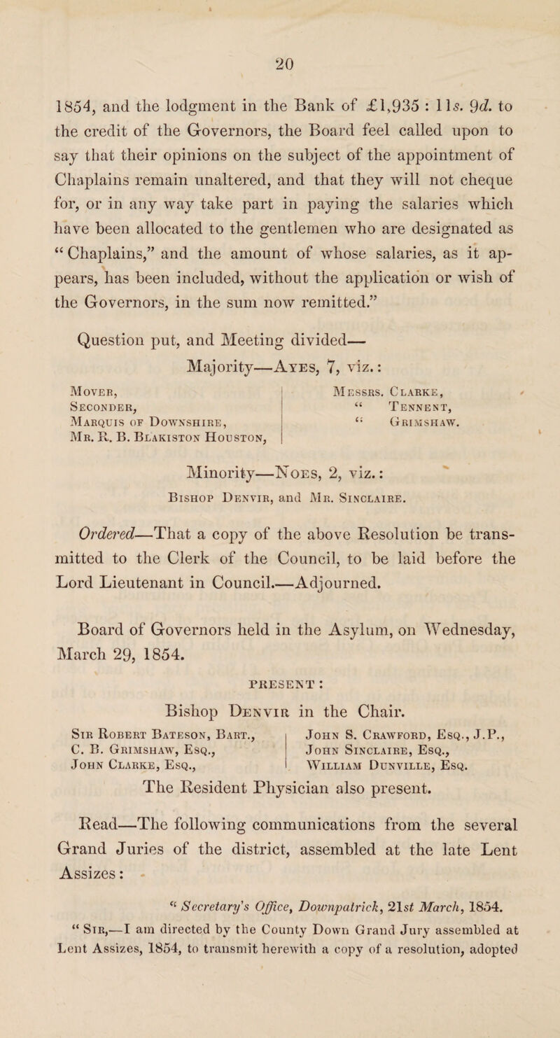 1854, and the lodgment in the Bank of £1,935 : 11-s. 9d. to the credit of the Governors, the Board feel called upon to say that their opinions on the subject of the appointment of Chaplains remain unaltered, and that they will not cheque for, or in any way take part in paying the salaries which have been allocated to the gentlemen who are designated as “ Chaplains,” and the amount of whose salaries, as it ap¬ pears, has been included, without the application or wish of the Governors, in the sum now remitted.” Question put, and Meeting divided— Majority—Ayes, 7, viz.: Mover, Seconder, Marquis of Downshire, Mr. R. B. Blakiston Houston, Messrs. Clarke, “ Tennent, Grimshaw. Minority—Noes, 2, viz.: Bishop Denyir, and Mr. Sinclaire. V Ordered—That a copy of the above Resolution be trans¬ mitted to the Clerk of the Council, to be laid before the Lord Lieutenant in Council.—Adjourned. Board of Governors held in the Asylum, on Wednesday, March 29, 1854. PRESENT : Bishop Denvir in the Chair. Sir Robert Bateson, Bart. C. B. Grimshaw, Esq., John Clarke, Esq., John S. Crawford, Esq., J.P., John Sinclaire, Esq., William Dunville, Esq. The Resident Physician also present. Read—The following communications from the several Grand Juries of the district, assembled at the late Lent Assizes: <l Secretary's Office, Downpatrick, 21 st March, 1854. “ Sir,.—I am directed by the County Down Grand Jury assembled at Lent Assizes, 1854, to transmit herewith a copy of a resolution, adopted