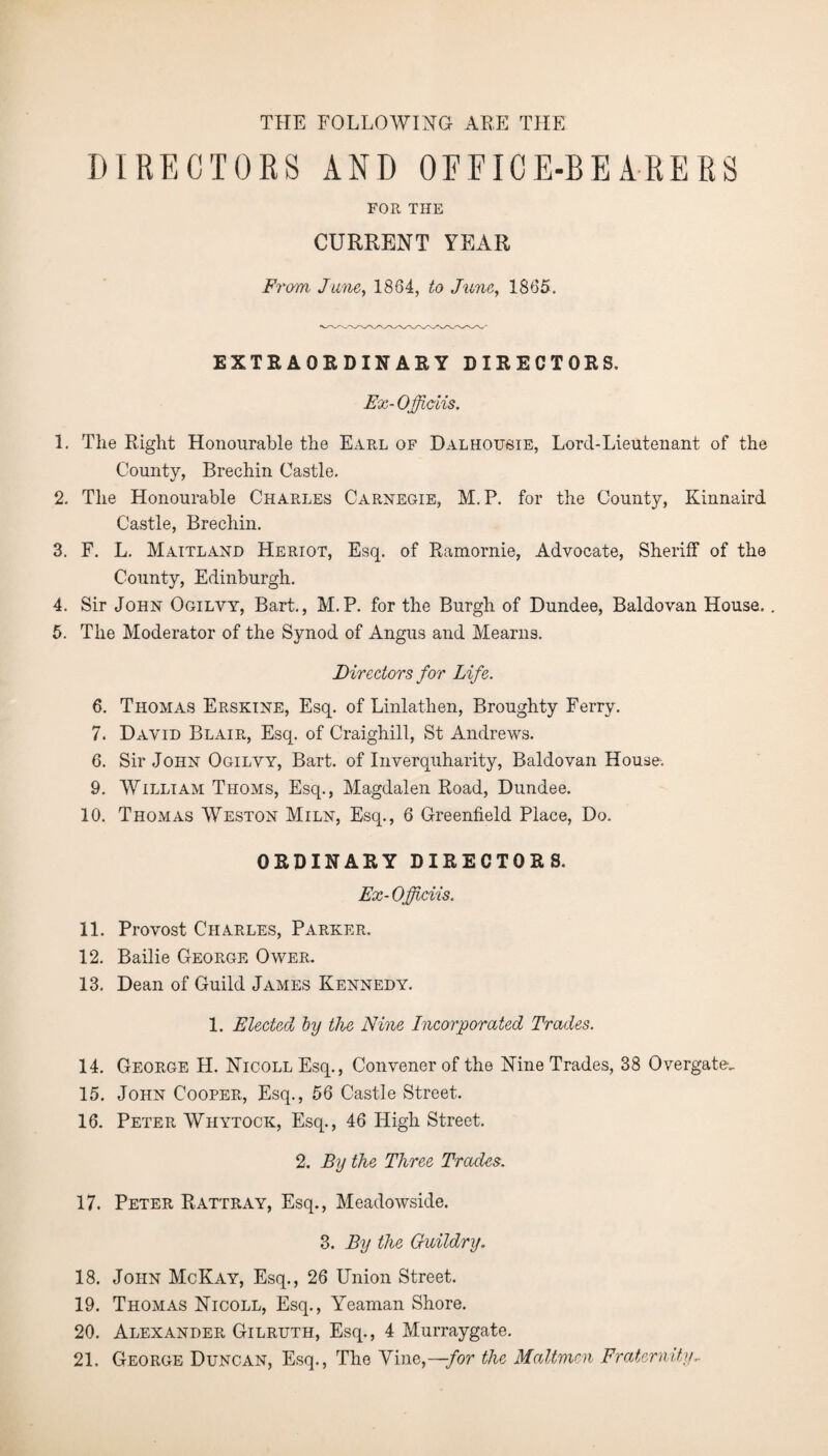 THE FOLLOWING ARE THE DIRECTORS AND OFFICE-BEARERS FOR THE CURRENT YEAR From June, 1864, to June, 1865. EXTRAORDINARY DIRECTORS. Ex- Officiis, 1. The Right Honourable the Earl of Dalhousie, Lord-Lieutenant of the County, Brechin Castle. 2. The Honourable Charles Carnegie, M.P. for the County, Kinnaird Castle, Brechin. 3. F. L. Maitland Heriot, Esq. of Ramornie, Advocate, Sheriff of the County, Edinburgh. 4. Sir John Ogilvy, Bart., M.P. for the Burgh of Dundee, Baldovan House.. 5. The Moderator of the Synod of Angus and Mearns. Directors for Life. 6. Thomas Erskine, Esq. of Linlathen, Broughty Ferry. 7. David Blair, Esq. of Craighill, St Andrews. 6. Sir John Ogilvy, Bart, of Inverquharity, Baldovan House. 9. William Thoms, Esq., Magdalen Road, Dundee. 10. Thomas Weston Miln, Esq., 6 Greenfield Place, Do. ORDINARY DIRECTORS. Ex- Officiis. 11. Provost Charles, Parker. 12. Bailie George Ower. 13. Dean of Guild James Kennedy. 1. Elected by the Nine Incorporated Trades. 14. George H. Nicoll Esq., Convener of the Nine Trades, 38 Overgate, 15. John Cooper, Esq., 56 Castle Street. 16. Peter Whytock, Esq., 46 High Street. 2 .By the Three Trades. 17. Peter Rattray, Esq., Meadowside. 3. By the Ouildry. 18. John McKay, Esq., 26 Union Street. 19. Thomas Nicoll, Esq., Yeaman Shore. 20. Alexander Gilruth, Esq., 4 Murraygate. 21. George Duncan, Esq., The Yine,—for the Maltmen Fraternity,