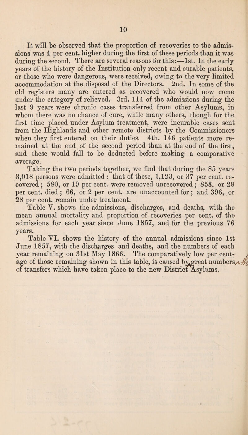 It will be observed that tbe proportion of recoveries to tbe admis¬ sions was 4. per cent, higher during the first of these periods than it was during the second. There are several reasons for this:—1st. In the early years of the history of the Institution only recent and curable patients, or those who were dangerous, were received, owing to the very limited accommodation at the disposal of the Directors. 2nd. In some of the old registers many are entered as recovered who would now come under the category of relieved. 3rd. 114 of the admissions during the last 9 years were chronic cases transferred from other Asylums, in whom there was no chance of cure, while many others, though for the first time placed under Asylum treatment, were incurable cases sent lrom the Highlands and other remote districts by the Commissioners when they first entered on their duties. 4th. 146 patients more re¬ mained at the end of the second period than at the end of the first, and these would fall to be deducted before making a comparative average. Taking the two periods together, we find that during the 85 years 3,018 persons were admitted : that of these, 1,123, or 37 per cent, re¬ covered ; 580, or 19 per cent, were removed unrecovered ; 858, or 28 per cent, died ; 66, or 2 per cent, are unaccounted for; and 396, or 28 per cent, remain under treatment. Table Y. shows the admissions, discharges, and deaths, with the mean annual mortality and proportion of recoveries per cent, of the admissions for each year since June 1857, and for the previous 76 years. Table YI. shows the history of the annual admissions since 1st June 1857, with the discharges and deaths, and the numbers of each year remaining on 31st May 1866. The comparatively low per cent- age of those remaining shown in this table, is caused b^great numbers/* of transfers which have taken place to the new District Asylums.