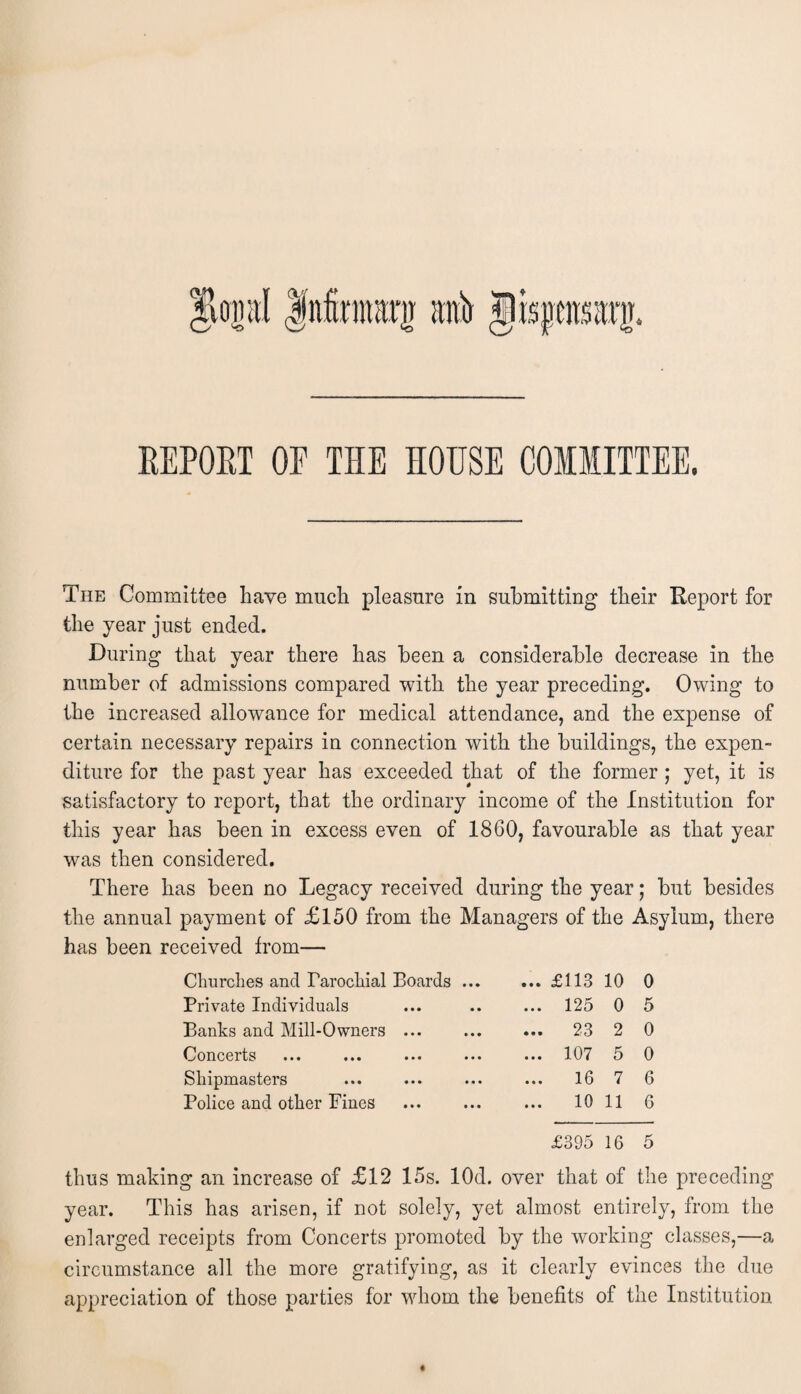 REPOKT OF THE HOUSE COMMITTEE. The Committee have much pleasure in submitting their Report for the year just ended. During that year there has been a considerable decrease in the number of admissions compared with the year preceding. Owing to the increased allowance for medical attendance, and the expense of certain necessary repairs in connection with the buildings, the expen¬ diture for the past year has exceeded that of the former ; yet, it is satisfactory to report, that the ordinary income of the Institution for this year has been in excess even of 1860, favourable as that year was then considered. There has been no Legacy received during the year; but besides the annual payment of £150 from the Managers of the Asylum, there has been received from— Churches and Parochial Boards . Private Individuals Banks and Mill-Owners ... Concerts Shipmasters Police and other Fines ... £113 10 0 ... 125 0 5 ... 23 2 0 ... 107 5 0 16 7 6 10 11 6 £395 16 5 thus making an increase of £12 15s. lOd. over that of the preceding year. This has arisen, if not solely, yet almost entirely, from the enlarged receipts from Concerts promoted by the working classes,—a circumstance all the more gratifying, as it clearly evinces the due appreciation of those parties for whom the benefits of the Institution