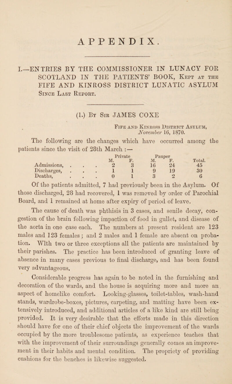 APPENDIX. I.—ENTRIES BY THE COMMISSIONER IN LUNACY FOR SCOTLAND IN THE PATIENTS’ BOOK, Kept at the FIFE AND KINROSS DISTRICT LUNATIC ASYLUM Since Last Report. (1.) By Sir JAMES COXE Fife and Kinross District Asylum, November 16, 1870. The following are the changes which have occurred among the patients since the visit of 28th March : — Admissions, Discharges, Deaths, Private F. Pauper M. F. Total. ! 3 16 24 45 1 9 19 30 ' 1 3 2 6 Of the patients admitted, 7 had previously been in the Asylum. Of those discharged, 28 had recovered, 1 was removed bv order of Parochial Board, and I remained at home after expiry of period of leave. The cause of death was phthisis in 3 cases, and senile decay, con¬ gestion of the brain following impaction of food in gullet, and disease of the aorta in one case each. The numbers at present resident are 123 males and 123 females; and 2 males and 1 female are absent on proba¬ tion. With two or three exceptions all the patients are maintained by their parishes. The practice has been introduced of granting leave of absence in many cases previous to final discharge, and has been found very advantageous. Considerable progress has again to be noted in the furnishing and decoration of the wards, and the house is acquiring more and more an aspect of homelike comfort. Looking-glasses, toilet-tables, wash-hand stands, wardrobe-boxes, pictures, carpeting, and matting have been ex¬ tensively introduced, and additional articles of a like kind are still being provided. It is very desirable that the efforts made in this direction should have for one of their chief objects the improvement of the wards occupied by the more troublesome patients, as experience teaches that with the improvement of their surroundings generally comes an improve¬ ment in their habits and mental condition. The propriety of providing cushions for the benches is likewise suggested.