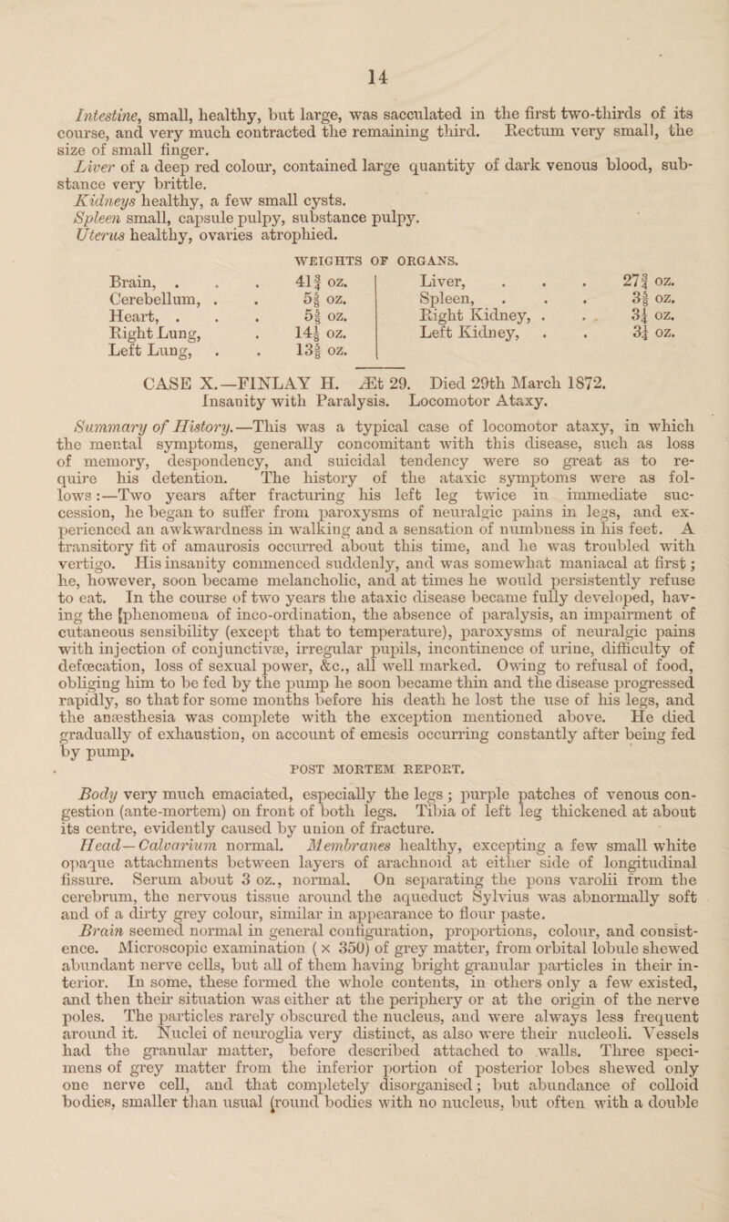 Intestine, small, healthy, but large, was sacculated in the first two-thirds of its course, and very much contracted the remaining third. Rectum very small, the size of small finger. Liver of a deep red colour, contained large quantity of dark venous blood, sub¬ stance very brittle. Kidneys healthy, a few small cysts. Spleen small, capsule pulpy, substance pulpy. Uterus healthy, ovaries atrophied. WEIGHTS OF ORGANS. Brain, . • 41 f oz. Liver, 27| oz. Cerebellum, . • 5§ oz. Spleen, . 3§ oz. Heart, . • 5§ oz. Right Kidney, . . „ 3| oz. Right Lung, • 14| oz. Left Kidney, . 3^ oz. Left Lung, • 13§ oz. CASE X.—FINLAY H. Mt 29. Died 29th March 1872. Insanity with Paralysis. Locomotor Ataxy. Summary of History.—This was a typical case of locomotor ataxy, in which the mental symptoms, generally concomitant with this disease, such as loss of memory, despondency, and suicidal tendency were so great as to re¬ quire his detention. The history of the ataxic symptoms were as fol¬ lows Two years after fracturing his left leg twice iu immediate suc¬ cession, he began to suffer from paroxysms of neuralgic pains in legs, and ex¬ perienced an awkwardness in walking and a sensation of numbness in his feet. A transitory fit of amaurosis occurred about this time, and he was troubled with vertigo. His insanity commenced suddenly, and was somewhat maniacal at first; he, however, soon became melancholic, and at times he would persistently refuse to eat. In the course of two years the ataxic disease became fully developed, hav¬ ing the [phenomena of inco-ordination, the absence of paralysis, an impairment of cutaneous sensibility (except that to temperature), paroxysms of neuralgic pains with injection of conjunctivse, irregular pupils, incontinence of urine, difficulty of defoecation, loss of sexual power, &c., all well marked. Owing to refusal of food, obliging him to be fed by the pump he soon became thin and the disease progressed rapidly, so that for some months before his death he lost the use of his legs, and the anaesthesia was complete with the exception mentioned above. He died gradually of exhaustion, on account of emesis occurring constantly after being fed by pump. FOST MORTEM REPORT. Body very much emaciated, especially the legs ; purple patches of venous con¬ gestion (ante-mortem) on front of both legs. Tibia of left leg thickened at about its centre, evidently caused by union of fracture. Head—Calvarium normal. Membranes healthy, excepting a few small white opaque attachments between layers of arachnoid at either side of longitudinal fissure. Serum about 3 oz., normal. On separating the pons varolii from the cerebrum, the nervous tissue around the aqueduct Sylvius was abnormally soft and of a dirty grey colour, similar in appearance to flour paste. Brain seemed normal in general configuration, proportions, colour, and consist¬ ence. Microscopic examination ( x 350) of grey matter, from orbital lobule shewed abundant nerve cells, but all of them having bright granular particles in their in¬ terior. In some, these formed the whole contents, in others only a few existed, and then their situation was either at the periphery or at the origin of the nerve poles. The particles rarely obscured the nucleus, and were always less frequent around it. Nuclei of neuroglia very distinct, as also were their nucleoli. Vessels had the granular matter, before described attached to walls. Three speci¬ mens of grey matter from the inferior portion of posterior lobes shewed only one nerve cell, and that completely disorganised; but abundance of colloid bodies, smaller than usual (round bodies with no nucleus, but often with a double