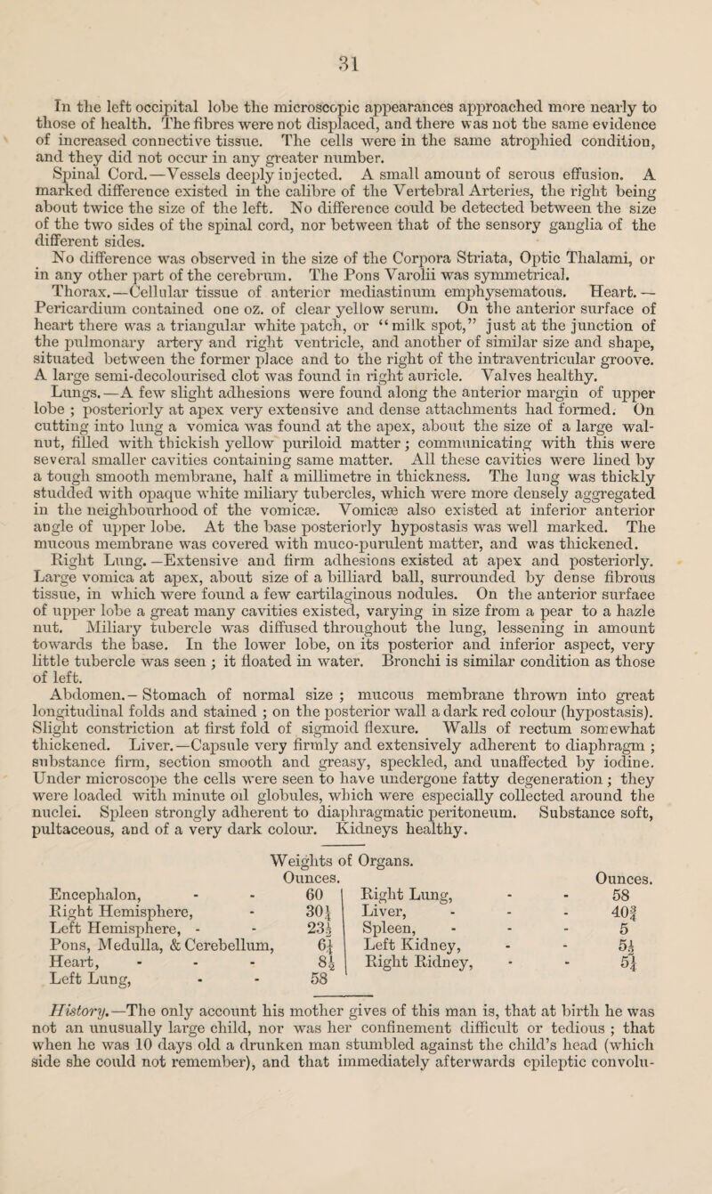 In tlie left occipital lobe the microscopic appearances approached more nearly to those of health. The fibres were not displaced, and there was not the same evidence of increased connective tissue. The cells were in the same atrophied condition, and they did not occur in any greater number. Spinal Cord.—Vessels deeply injected. A small amount of serous effusion. A marked difference existed in the calibre of the Vertebral Arteries, the right being about twice the size of the left. No difference could be detected between the size of the two sides of the spinal cord, nor between that of the sensory ganglia of the different sides. No difference was observed in the size of the Corpora Striata, Optic Thalami, or in any other part of the cerebrum. The Pons Varolii was symmetrical. Thorax.—Cellular tissue of anterior mediastinum emphysematous. Heart.— Pericardium contained one oz. of clear yellow serum. Ou the anterior surface of heart there was a triangular white patch, or “milk spot,” just at the junction of the pulmonary artery and right ventricle, and another of similar size and shape, situated between the former place and to the right of the intraventricular groove. A large semi-decolourised clot was found in right auricle. Valves healthy. Lungs.—A few slight adhesions were found along the anterior margin of upper lobe ; posteriorly at apex very extensive and dense attachments had formed. On cutting into lung a vomica was found at the apex, about the size of a large wal¬ nut, filled with thickish yellow puriloid matter; communicating with this were several smaller cavities containing same matter. All these cavities were lined by a tough smooth membrane, half a millimetre in thickness. The lung was thickly studded with opaque white miliary tubercles, which were more densely aggregated in the neighbourhood of the vomicse. Vomicse also existed at inferior anterior angle of upper lobe. At the base posteriorly hypostasis was well marked. The mucous membrane was covered with muco-purulent matter, and was thickened. Right Lung. —Extensive and firm adhesions existed at apex and posteriorly. Large vomica at apex, about size of a billiard ball, surrounded by dense fibrous tissue, in which were found a few cartilaginous nodules. On the anterior surface of upper lobe a great many cavities existed, varying in size from a pear to a hazle nut. Miliary tubercle was diffused throughout the lung, lessening in amount towards the base. In the lower lobe, on its posterior and inferior aspect, very little tubercle was seen ; it floated in water. Bronchi is similar condition as those of left. Abdomen.-Stomach of normal size; mucous membrane thrown into great longitudinal folds and stained ; on the posterior wall a dark red colour (hypostasis). Slight constriction at first fold of sigmoid flexure. Walls of rectum somewhat thickened. Liver.—Capsule very firmly and extensively adherent to diaphragm ; substance firm, section smooth and greasy, speckled, and unaffected by iodine. Under microscope the cells were seen to have undergone fatty degeneration ; they were loaded with minute od globules, which were especially collected around the nuclei. Spleen strongly adherent to diaphragmatic peritoneum. Substance soft, pultaceous, and of a very dark colour. Kidneys healthy. Weights of Ounces. Encephalon, 60 Right Hemisphere, 30i Left Hemisphere, - 23 b .Pons, Medulla, & Cerebellum, 6* Heart, 84 Left Lung, 58 Organs. Ounces. Right Lung, 58 Liver, 401 Spleen, Left Kidney, 5 H Right Ridney, 5| History.—The only account his mother gives of this man is, that at birth he was not an unusually large child, nor was her confinement difficult or tedious ; that when he was 10 days old a drunken man stumbled against the child’s head (which side she could not remember), and that immediately afterwards epileptic convolu-