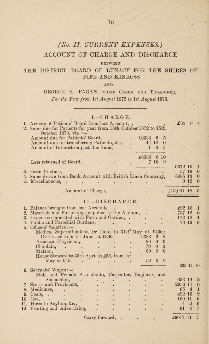 1C (No. II. CURRENT EXPENSES.) ACCOUNT OF CHARGE AND DISCHARGE BETWEEN THE DISTRICT BOARD OF LUNACY FOR THE SHIRES OF FIFE AND KINROSS AND GEORGE H. PAGAN, their Clerk and Treasurer, For the Year from ls£ August 1872 to ls£ August 1873. I.— CH ARGE. 1. Arrears of Patients’ Board from last Account, • » £85 0 4 2. Sums due for Patients for year from 15th October 1872 to 15th October 1873, viz. : — Amount due for Patients’ Board, £6334 6 5 Amount due for transferring Patients, &c., 44 12 0 Amount of Interest on past due Sums, 1 8 5 £6380 6 10 Less returned of Board, 7 16 9 — 6372 10 1 3. Farm Produce, .... % • 57 16 0 4. Sams drawn from Bank Account with British Linen Company, 6485 13 0 5. Miscellaneous, . . . . . ■ • 0 19 0 Amount of Charge, • • £13,001 18 5 II.—DISC IIARG E. 1. Balance brought from last Account, • • £22 10 1 2. Materials and Furnishings supplied to the Asyl am, • 737 12 0 3. Expenses connected with Farm and Garden, . • • 173 12 4 4. Public and Parochial Burdens, • • 73 19 9 5. Officers’ Salaries :— Medical Superintendent, Dr Tuke, to 31st* May, at £400; Dr Fraser from 1st June, at £300 £383 6 8 Assistant-Physician, 80 0 0 Chaplain, ..... 70 0 0 Matron, ..... 50 0 0 House Steward to 30th April at £55, from 1st - May at £45, .... 52 5 2 635 11 10 6. Servants’ Wages : — Male and Female Attendants, Carpenter, Engineer, and Shoemaker, .... 633 14 8 7. Stores and Provisions, . : 2956 11 6 8. Medicines, ..... 65 4 1 9. Coals, ...... 492 16 9 10. Gas, . . .... 160 11 6 11. Hires to Asylum, &c., 4 2 6 12. Printing and Advertising, 61 4 7