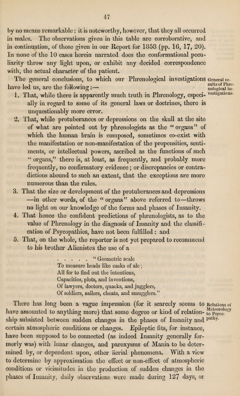 by no means remarkable: it is noteworthy, however, that they all occurred in males. The observations given in this table are corroborative, and in continuation, of those given in our Report for 1858 (pp. 16, 17, 20). In none of the 10 cases herein narrated docs the conformational pecu¬ liarity throw any light upon, or exhibit any decided correspondence with, the actual character of the patient. The general conclusions, to which our Phrenological investigations General re- , i j n t| suits of Phre- liavo led us, are the following:— noiogicai in- 1. That, while there is apparently much truth in Phrenology, especi- VC3tlsaLl0ns' ally in regard to some of its general laws or doctrines, there is unquestionably more error. 2. That, while protuberances or depressions on the skull at the site of what are pointed out by phrenologists as the “organs” of which the human brain is composed, sometimes co-exist with the manifestation or non-manifestation of the propensities, senti¬ ments, or intellectual powers, ascribed as the functions of such “ organs,” there is, at least, as frequently, and probably more frequently, no confirmatory evidence; or discrepancies or contra¬ dictions abound to such an extent, that the exceptions are more numerous than the rules. 3. That the size or development of the protuberances and depressions —in other words, of the “organs” above referred to—throws no light on our knowledge of the forms and phases of Insanity. 4. That hence the confident predictions of phrenologists, as to the value of Phrenology in the diagnosis of Insanity and the classifi¬ cation of Psycopathies, have not been fulfilled : and 5. That, on the whole, the reporter is not yet prepared to recommend to his brother Alienistes the use of a .“ Geometric scale To measure heads like casks of ale ; All for to find out the intentions, Capacities, plots, and inventions, Of lawyers, doctors, quacks, and jugglers, Of soldiers, sailors, cheats, and smugglers.” There has long been a vague impression (for it scarcely seems to Relations of have amounted to anything more) that some degree or kind of relation- toCpsyco10Sy ship subsisted between sudden changes in the phases of Insanity and pathy’ certain atmospheric conditions or changes. Epileptic fits, for instance, have been supposed to be connected (as indeed Insanity generally for¬ merly was) with lunar changes, and paroxysms of Mania to be deter¬ mined by, or dependent upon, other aerial phenomena. With a view to determine by approximation the effect or non-effect of atmospheric conditions or vicissitudes in the production of sudden changes in the phases of Insanity, daily observations were made during 127 days, or