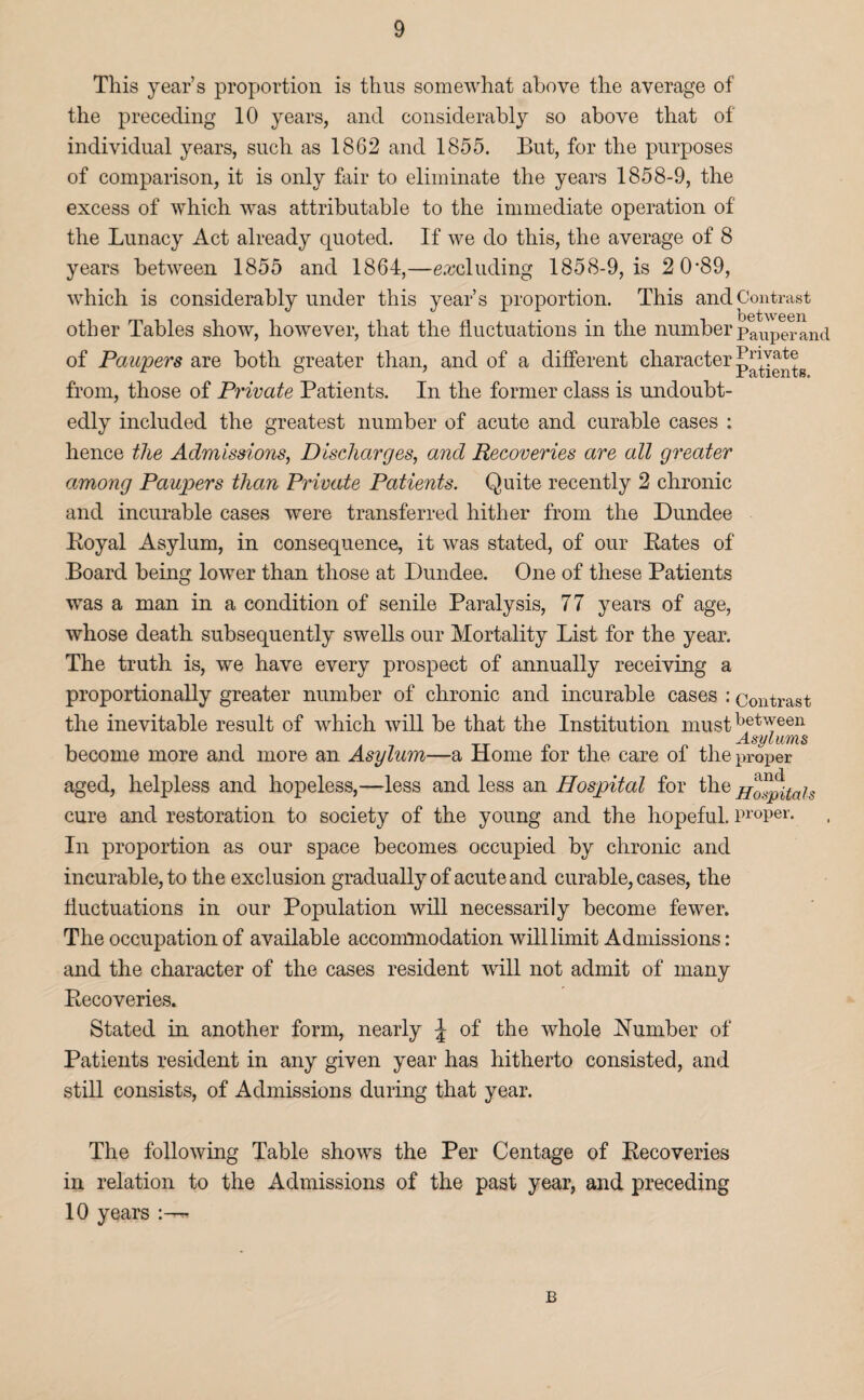 This year’s proportion is thus somewhat above the average of the preceding 10 years, and considerably so above that of individual years, such as 1862 and 1855. But, for the purposes of comparison, it is only fair to eliminate the years 1858-9, the excess of which w^as attributable to the immediate operation of the Lunacy Act already quoted. If we do this, the average of 8 years between 1855 and 1864,—e.2;cluding 1858-9, is 2 0*89, which is considerably under this year’s proportion. This and Contrast other Tables show, however, that the fluctuations in the numberp^^xperand of Paupers are both greater than, and of a different character from, those of Private Patients. In the former class is undoubt¬ edly included the greatest number of acute and curable cases : hence the Admissions, Discharges, and Recoveries are all greater among Paupers than Private Patients. Quite recently 2 chronic and incurable cases were transferred hither from the Dundee Poyal Asylum, in consequence, it was stated, of our Eates of Board being lower than those at Dundee. One of these Patients was a man in a condition of senile Paralysis, 77 years of age, whose death subsequently swells our Mortality List for the year. The truth is, we have every prospect of annually receiving a proportionally greater number of chronic and incurable cases : contrast the inevitable result of which will be that the Institution become more and more an Asylum—a Home for the care of the proper aged, helpless and hopeless,—less and less an Hospital for the cure and restoration to society of the young and the hopeful, proper. In proportion as our space becomes occupied by chronic and incurable, to the exclusion gradually of acute and curable, cases, the fluctuations in our Population will necessarily become fewer. The occupation of available accommodation will limit Admissions : and the character of the cases resident will not admit of many Eecoveries. Stated in another form, nearly \ of the whole Humber of Patients resident in any given year has hitherto consisted, and still consists, of Admissions during that year. The following Table shows the Per Centage of Eecoveries in relation to the Admissions of the past year, and preceding 10 years B