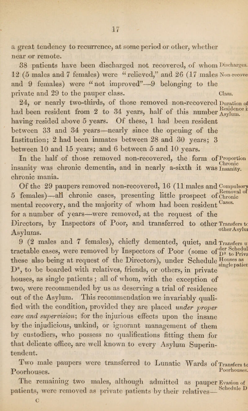 a great tendency to recurrence, at some period or other, whether near or remote. 38 patients have been discharged not recovered, of whom Discharges. 12 (5 males and 7 females) were “ relieved,” and 26 (17 males Non-recove and 9 females) were “not improved”—9 belonging to the private and 29 to the pauper class. Class. 24, or nearly two-thirds, of those removed non-recovered Duration of had been resident from 2 to 34 years, half of this number Asylum^1 having resided above 5 years. Of these, 1 had been resident between 33 and 34 years—nearly since the opening of the Institution; 2 had been inmates between 28 and 30 years; 3 between 10 and 15 years; and 6 between 5 and 10 years. In the half of those removed non-recovered, the form ofProportion insanity was chronic dementia, and in nearly a-sixth it was insanity. chronic mania. Of the 29 paupers removed non-recovered, 16 (11 males and Compulsory 5 females)—all chronic cases, presenting little prospect of Chronic mental recovery, and the majority of whom had been residentCases‘ for a number of years—were removed, at the request of the Directors, by Inspectors of Poor, and transferred to other Transfers tc » i otherAsylui Asylums. 9 (2 males and 7 females), chiefly demented, quiet, and Transfers u tractable cases, were removed by Inspectors of Poor (some of to Privs these also being at request of the Directors), under Schedule ^l^patPr D2, to be boarded with relatives, friends, or others, in private houses, as single patients ; all of whom, with the exception of two, were recommended by us as deserving a trial of residence out of the Asylum. This recommendation we invariably quali¬ fied with the condition, provided they are placed under proper care and supervision; for the injurious effects upon the insane by the injudicious, unkind, or ignorant management of them by custodiers, who possess no qualifications fitting them for that delicate office, are well known to every Asylum Superin¬ tendent. Two male paupers were transferred to Lunatic Wards of Transfers to Poorhouses. Poorhouses. The remaining two males, although admitted as pauper Evasion of patients, were removed as private patients by their relatives—~c e c