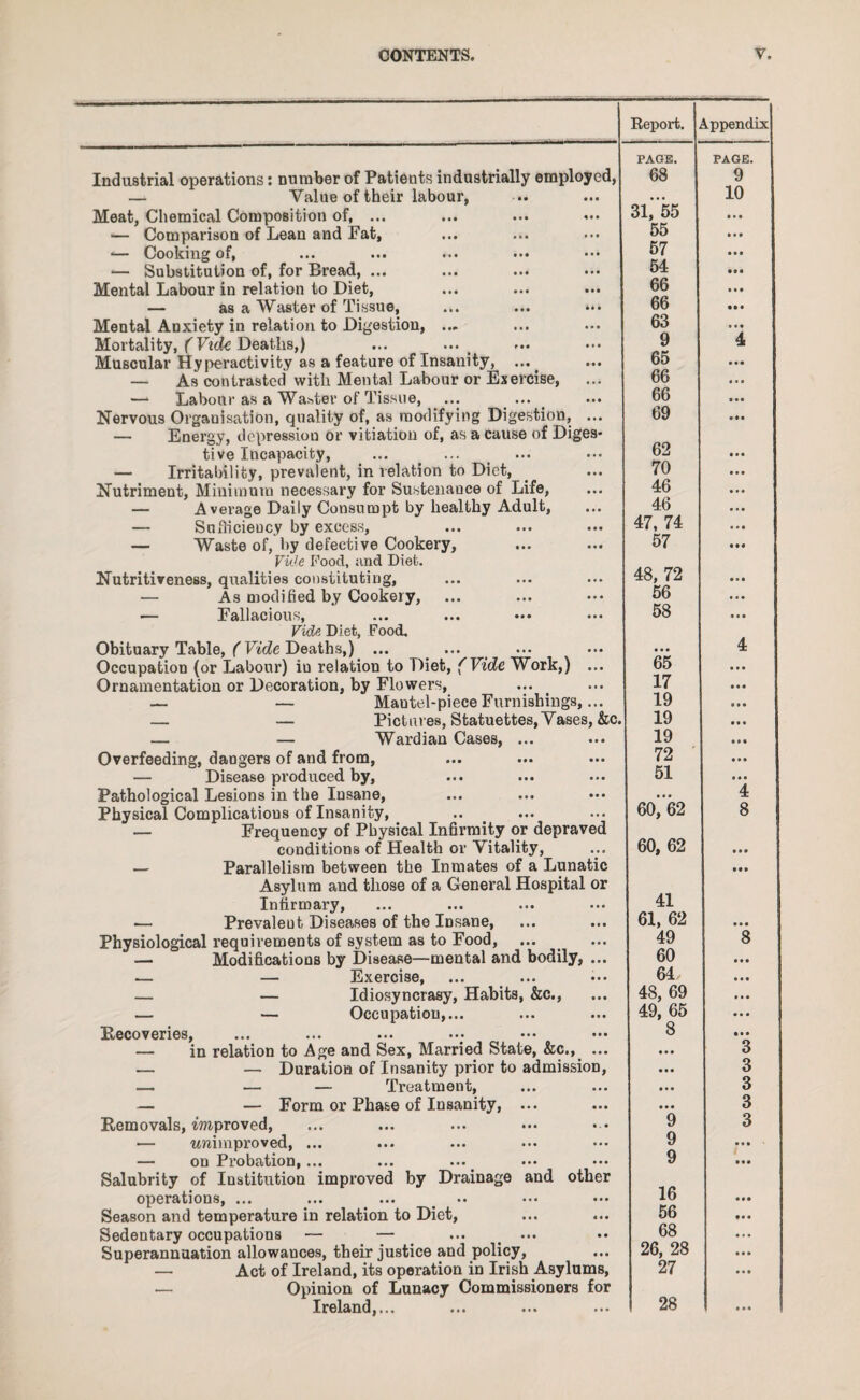 Report. Appendix PAGE. PAGE. Industrial operations: number of Patients industrially employed, 68 9 — Value of their labour, • • • 10 Meat, Chemical Composition of, ... 31, 55 • • • — Compai’ison of Lean and Fat, 55 • • 9 — Cooking of, 57 • • • — Substitution of, for Bread, ... 54 • • • Mental Labour in relation to Diet, 66 • • • — as a Waster of Tissue, ... ... Mental Anxiety in relation to Digestion, ... 66 • • • 63 ... Mortality, ( Vide Deaths,) 9 4 Muscular Hyperactivity as a feature of Insanity, ... 65 . « • — As contrasted with Mental Labour or Exercise, 66 • • • — Labour as a Walter of Tissue, Nervous Organisation, quality of, as modifying Digestion, ... 66 • • • 69 — Energy, depression or vitiation of, as a cause of Diges* 62 tive Incapacity, • • m — Irritability, prevalent, in relation to Diet, 70 ... Nutriment, Minimum necessary for Sustenance of Life, 46 ••• — Average Daily Consumpt by healthy Adult, 46 • • • — Sufficiency by excess, — Waste of, by defective Cookery, 47, 74 • • • 57 (M Vide Food, and Diet. 48, 72 Nutritiveness, qualities constituting. • • • — As modified by Cookery, 56 ... — Fallacious, 58 ... Vide Diet, Food. Obituary Table, (Vide Deaths,) ... ... 4 Occupation (or Labour) iu relation to Diet, ( Vide Work,) ... 65 ... Ornamentation or Decoration, by Flowers, 17 — — Mautel-piece Furnishings,... 19 — — Pictures, Statuettes, Vases, &c. 19 ... — — Wardian Cases, ... 19 Overfeeding, dangers of and from, 72 ... — Disease produced by, 51 ... Pathological Lesions in the Insane, • • • 4 Physical Complications of Insanity, 60, 62 8 — Frequency of Physical Infirmity or depraved 60, 62 conditions of Health or Vitality, ... — Parallelism between the Inmates of a Lunatic • v • Asylum and those of a General Hospital or 41 Infirmary, — Prevalent Diseases of the Insane, 61, 62 ... Physiological requirements of system as to Food, 49 8 — Modifications by Disease—mental and bodily, ... 60 ... — — Exercise, 64 ... — — Idiosyncrasy, Habits, &c., 48, 69 ... — — Occupation,... 49, 65 ... Recoveries, 8 • • • — in relation to Age and Sex, Married State, &c., ... • • • 3 — — Duration of Insanity prior to admission, • • • 3 — — — Treatment, ... 3 — — Form or Phase of Insanity, ... • • • 3 Removals, improved, 9 3 — unimproved, ... 9 ... — on Probation,... 9 Salubrity of Institution improved by Drainage and other 16 operations, ... « « • Season and temperature in relation to Diet, 56 • • . Sedentary occupations — — 68 ... Superannuation allowances, their justice and policy, 26, 28 ... — Act of Ireland, its operation in Irish Asylums, 27 ... | — Opinion of Lunacy Commissioners for 28 Ireland,... ...
