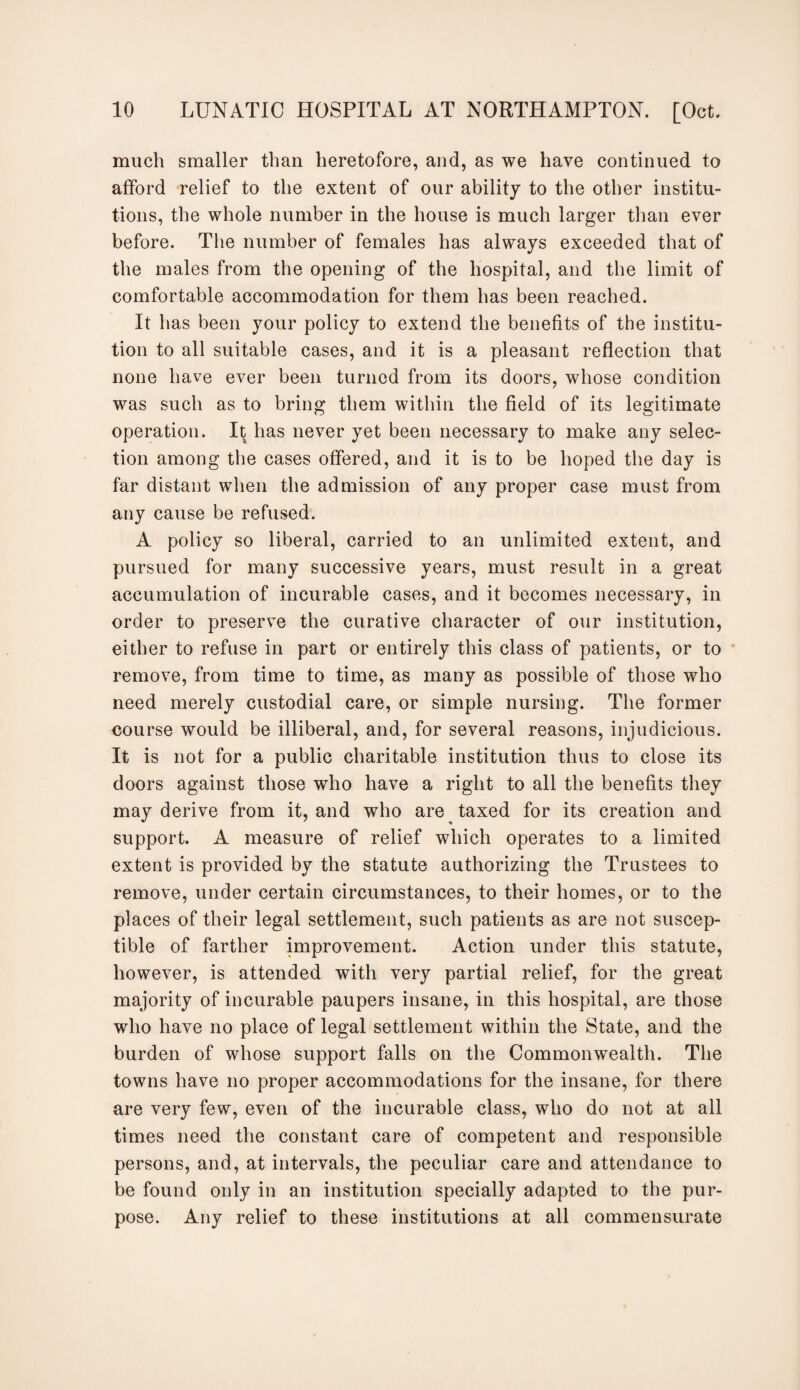 much smaller than heretofore, and, as we have continued to afford relief to the extent of our ability to the other institu¬ tions, the whole number in the house is much larger than ever before. The number of females has always exceeded that of the males from the opening of the hospital, and the limit of comfortable accommodation for them has been reached. It has been your policy to extend the benefits of the institu¬ tion to all suitable cases, and it is a pleasant reflection that none have ever been turned from its doors, whose condition was such as to bring them within the field of its legitimate operation. It has never yet been necessary to make any selec¬ tion among the cases offered, and it is to be hoped the day is far distant when the admission of any proper case must from any cause be refused. A policy so liberal, carried to an unlimited extent, and pursued for many successive years, must result in a great accumulation of incurable cases, and it becomes necessary, in order to preserve the curative character of our institution, either to refuse in part or entirely this class of patients, or to remove, from time to time, as many as possible of those who need merely custodial care, or simple nursing. The former course would be illiberal, and, for several reasons, injudicious. It is not for a public charitable institution thus to close its doors against those who have a right to all the benefits they may derive from it, and who are taxed for its creation and support. A measure of relief which operates to a limited extent is provided by the statute authorizing the Trustees to remove, under certain circumstances, to their homes, or to the places of their legal settlement, such patients as are not suscep¬ tible of farther improvement. Action under this statute, however, is attended with very partial relief, for the great majority of incurable paupers insane, in this hospital, are those who have no place of legal settlement within the State, and the burden of whose support falls on the Commonwealth. The towns have no proper accommodations for the insane, for there are very few, even of the incurable class, who do not at all times need the constant care of competent and responsible persons, and, at intervals, the peculiar care and attendance to be found only in an institution specially adapted to the pur¬ pose. Any relief to these institutions at all commensurate