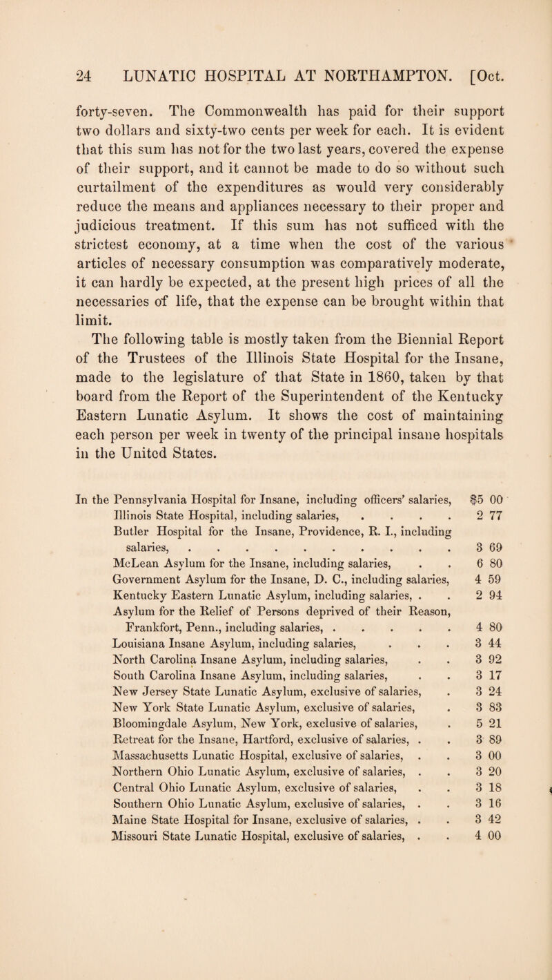 forty-seven. The Commonwealth has paid for their support two dollars and sixty-two cents per week for each. It is evident that this sum has not for the two last years, covered the expense of their support, and it cannot be made to do so without such curtailment of the expenditures as would very considerably reduce the means and appliances necessary to their proper and judicious treatment. If this sum has not sufficed with the strictest economy, at a time when the cost of the various articles of necessary consumption was comparatively moderate, it can hardly be expected, at the present high prices of all the necessaries of life, that the expense can be brought within that limit. The following table is mostly taken from the Biennial Report of the Trustees of the Illinois State Hospital for the Insane, made to the legislature of that State in 1860, taken by that board from the Report of the Superintendent of the Kentucky Eastern Lunatic Asylum. It shows the cost of maintaining each person per week in twenty of the principal insane hospitals in the United States. In the Pennsylvania Hospital for Insane, including officers’ salaries, Illinois State Hospital, including salaries, . Butler Hospital for the Insane, Providence, R. I., including salaries,. McLean Asylum for the Insane, including salaries, Government Asylum for the Insane, D. C., including salaries, Kentucky Eastern Lunatic Asylum, including salaries, . Asylum for the Relief of Persons deprived of their Reason, Frankfort, Penn., including salaries, . Louisiana Insane Asylum, including salaries, North Carolina Insane Asylum, including salaries, South Carolina Insane Asylum, including salaries, New Jersey State Lunatic Asylum, exclusive of salaries, New York State Lunatic Asylum, exclusive of salaries, Bloomingdale Asylum, New York, exclusive of salaries, Retreat for the Insane, Hartford, exclusive of salaries, . Massachusetts Lunatic Hospital, exclusive of salaries, Northern Ohio Lunatic Asylum, exclusive of salaries, . Central Ohio Lunatic Asylum, exclusive of salaries, Southern Ohio Lunatic Asylum, exclusive of salaries, . Maine State Hospital for Insane, exclusive of salaries, . Missouri State Lunatic Hospital, exclusive of salaries, . $5 00 2 77 3 69 6 80 4 59 2 94 4 80 3 44 3 92 3 17 3 24 3 83 5 21 3 89 3 00 3 20 3 18 3 16 3 42 4 00