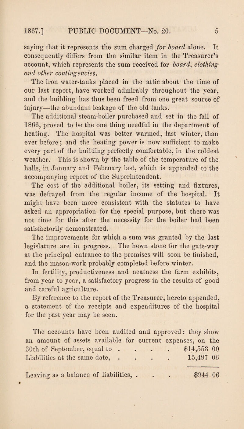 saying that it represents the sum charged for board alone. It consequently differs from the similar item in the Treasurer’s account, which represents the sum received for board, clothing and other contingencies. The iron water-tanks placed in the attic about the time of our last report, have worked admirably throughout the year, and the building has thus been freed from one great source of injury—the abundant leakage of the old tanks. The additional steam-boiler purchased and set in the fall of 1866, proved to be the one thing needful in the department of heating. The hospital was better warmed, last winter, than ever before; and the heating power is now sufficient to make every part of the building perfectly comfortable, in the coldest weather. This is shown by the table of the temperature of the halls, in January and February last, which is appended to the accompanying report of the Superintendent. The cost of the additional boiler, its setting and fixtures, was defrayed from the regular income of the hospital. It might have been more consistent with the statutes to have asked an appropriation for the special purpose, but there was not time for this after the necessity for the boiler had been satisfactorily demonstrated. The improvements for which a sum was granted by the last legislature are in progress. The hewn stone for the gate-way at the principal entrance to the premises will soon be finished, and the mason-work probably completed before winter. In fertility, productiveness and neatness the farm exhibits, from year to year, a satisfactory progress in the results of good and careful agriculture. By reference to the report of the Treasurer, hereto appended, a statement of the receipts and expenditures of the hospital for the past year may be seen. The accounts have been audited and approved: they show an amount of assets available for current expenses, on the 80th of September, equal to . . . . $14,553 00 Liabilities at the same date, .... 15,497 06 Leaving as a balance of liabilities, . $944 06