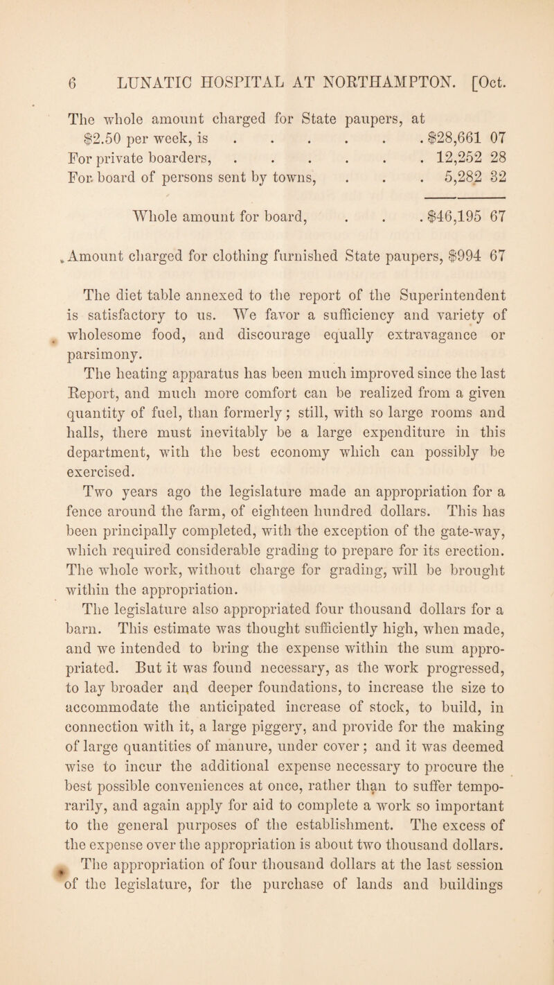 The whole amount charged for State paupers, at 12.50 per week, is ..... $28,661 07 For private boarders, ...... 12,252 28 For. board of persons sent by towns, . . . 5,282 82 Whole amount for board, 195 67 * Amount charged for clothing furnished State paupers, $994 67 The diet table annexed to the report of the Superintendent is satisfactory to us. We favor a sufficiency and variety of wholesome food, and discourage equally extravagance or parsimony. The heating apparatus has been much improved since the last Report, and much more comfort can be realized from a given quantity of fuel, than formerly; still, with so large rooms and halls, there must inevitably be a large expenditure in this department, with the best economy which can possibly be exercised. Two years ago the legislature made an appropriation for a fence around the farm, of eighteen hundred dollars. This has been principally completed, with the exception of the gate-way, which required considerable grading to prepare for its erection. The whole work, without charge for grading, will be brought within the appropriation. The legislature also appropriated four thousand dollars for a bam. This estimate was thought sufficiently high, when made, and we intended to bring the expense within the sum appro¬ priated. But it was found necessary, as the work progressed, to lay broader aud deeper foundations, to increase the size to accommodate the anticipated increase of stock, to build, in connection with it, a large piggery, and provide for the making of large quantities of manure, under cover; and it was deemed wise to incur the additional expense necessary to procure the best possible conveniences at once, rather than to suffer tempo¬ rarily, and again apply for aid to complete a work so important to the general purposes of the establishment. The excess of the expense over the appropriation is about two thousand dollars. The appropriation of four thousand dollars at the last session of the legislature, for the purchase of lands and buildings