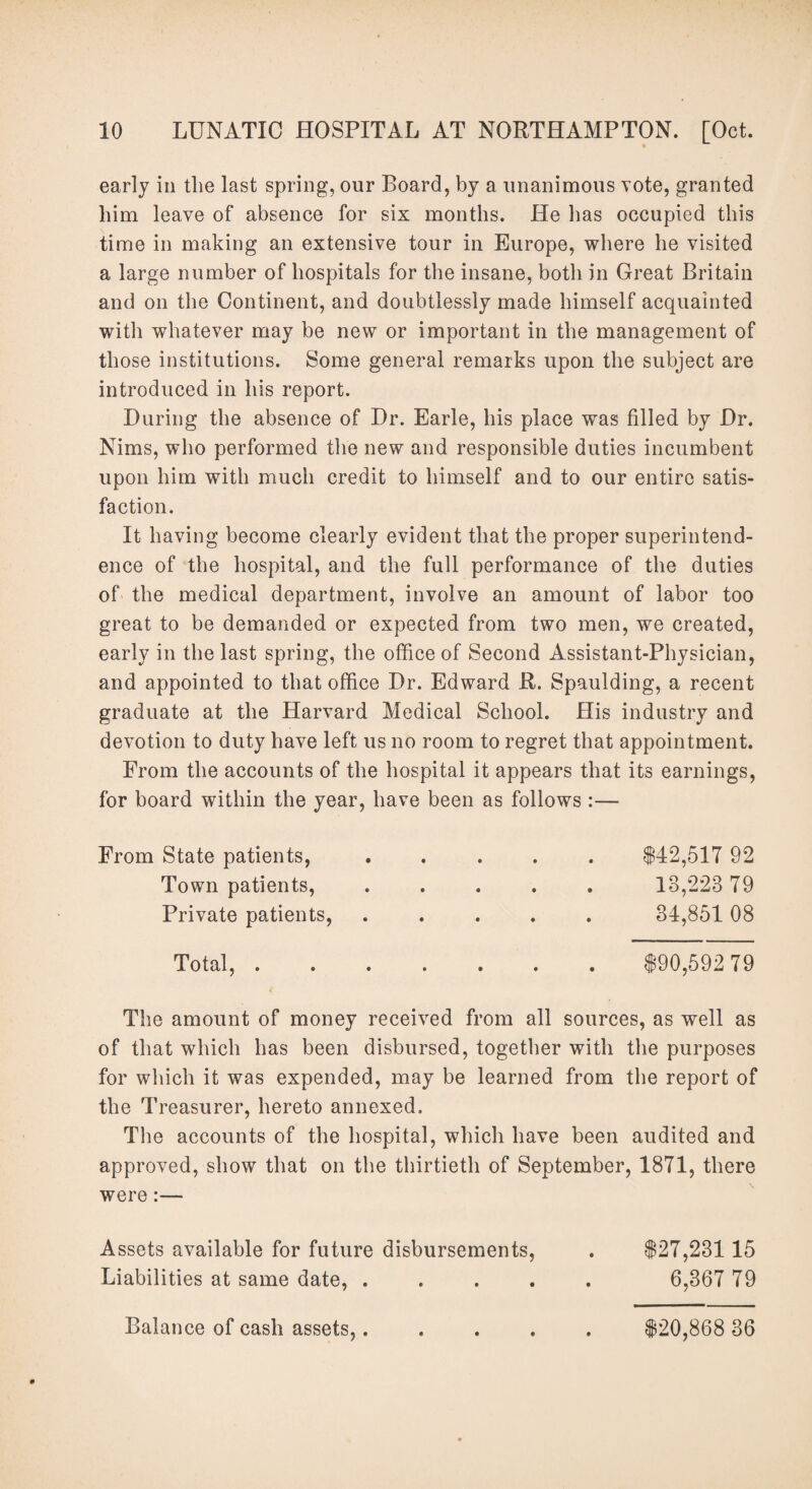 early in the last spring, our Board, by a unanimous vote, granted him leave of absence for six months. He has occupied this time in making an extensive tour in Europe, where he visited a large number of hospitals for the insane, both in Great Britain and on the Continent, and doubtlessly made himself acquainted with whatever may be new or important in the management of those institutions. Some general remarks upon the subject are introduced in his report. During the absence of Dr. Earle, his place was filled by Dr. Nims, who performed the new and responsible duties incumbent upon him with much credit to himself and to our entire satis¬ faction. It having become clearly evident that the proper superintend¬ ence of the hospital, and the full performance of the duties of the medical department, involve an amount of labor too great to be demanded or expected from two men, we created, early in the last spring, the office of Second Assistant-Physician, and appointed to that office Dr. Edward R. Spaulding, a recent graduate at the Harvard Medical School. His industry and devotion to duty have left us no room to regret that appointment. From the accounts of the hospital it appears that its earnings, for board within the year, have been as follows :— From State patients, Town patients, Private patients, Total, . $42,517 92 13,223 79 34,851 08 $90,592 79 The amount of money received from all sources, as well as of that which has been disbursed, together with the purposes for which it was expended, may be learned from the report of the Treasurer, hereto annexed. The accounts of the hospital, which have been audited and approved, show that on the thirtieth of September, 1871, there were:— Assets available for future disbursements, Liabilities at same date, . $27,231 15 6,367 79 Balance of cash assets,. $20,868 36