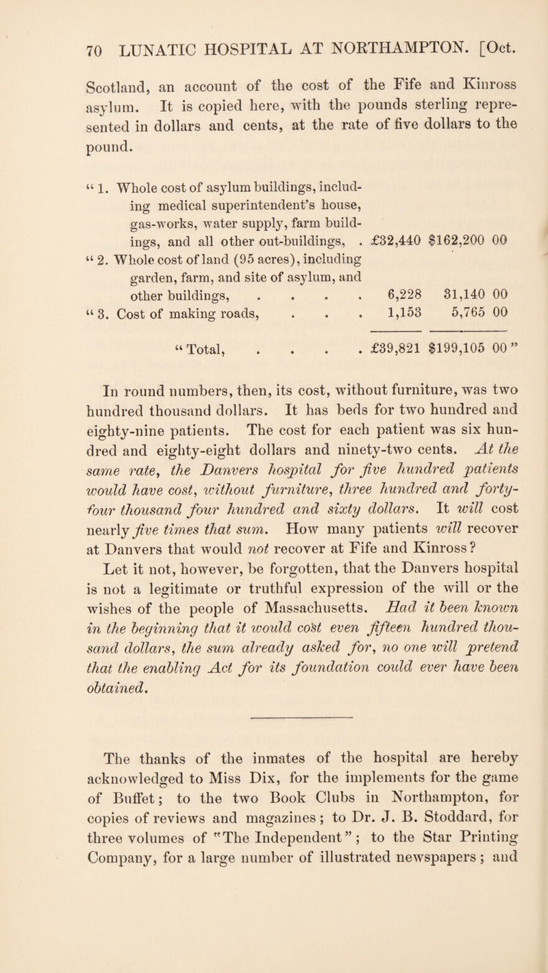 Scotland, an account of the cost of the Fife and Kinross asylum. It is copied here, with the pounds sterling repre¬ sented in dollars and cents, at the rate of five dollars to the pound. “ 1. Whole cost of asylum buildings, includ¬ ing medical superintendent’s house, gas-works, water supply, farm build¬ ings, and all other out-buildings, . £32,440 $162,200 00 “ 2. Whole cost of land (95 acres), including garden, farm, and site of asylum, and other buildings, .... 6,228 31,140 00 “ 3. Cost of making roads, . . . 1,153 5,765 00 u Total, .... £39,821 $199,105 00 ” In round numbers, then, its cost, without furniture, was two hundred thousand dollars. It has beds for two hundred and eighty-nine patients. The cost for each patient was six hun¬ dred and eighty-eight dollars and ninety-two cents. At the same rate, the Danvers hospital for five hundred patients would have cost, without furniture, three hundred and forty- four thousand four hundred and sixty dollars. It will cost nearly five times that sum. How many patients will recover at Danvers that would not recover at Fife and Kinross? Let it not, however, be forgotten, that the Danvers hospital is not a legitimate or truthful expression of the will or the wishes of the people of Massachusetts. Had it been known in the beyinning that it would co'st even fifteen hundred thou¬ sand dollars, the sum already asked for, no one will pretend that the enabling Act for its foundation could ever have been obtained. The thanks of the inmates of the hospital are hereby acknowledged to Miss Dix, for the implements for the game of Buffet; to the two Book Clubs in Northampton, for copies of reviews and magazines; to Dr. J. B. Stoddard, for three volumes of The Independent ” ; to the Star Printing Company, for a large number of illustrated newspapers; and