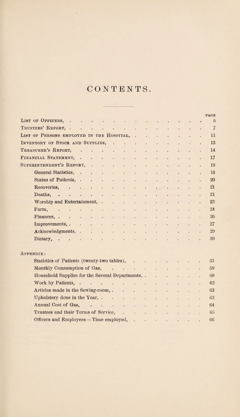 CONTENTS PAGE List of Officers,.5 Trustees’ Report,.7 List of Persons employed in the Hospital,.11 Inventory of Stock and Supplies,.,13 Treasurer’s Report,.14 Financial Statement,.17 Superintendent’s Report, . 18 General Statistics,.18 Status of Patients,. 20 Recoveries, ..21 Deaths,.21 Worship and Entertainment, .. 23 Farm,.24 Finances,. .26 Improvements,. 27 Acknowledgments, ............ 29 Dietary,. 30 Appendix : Statistics of Patients (twenty-two tables), ....... 33 Monthly Consumption of Gas,. 59 Household Supplies for the Several Departments, ...... 60 Work by Patients, ..62 Articles made in the Sewing-room, ..63 Upholstery done in the Year,.63 Annual Cost of Gas,.64 Trustees and their Terms of Service, ........ 65 Officers and Employees — Time employed,.66