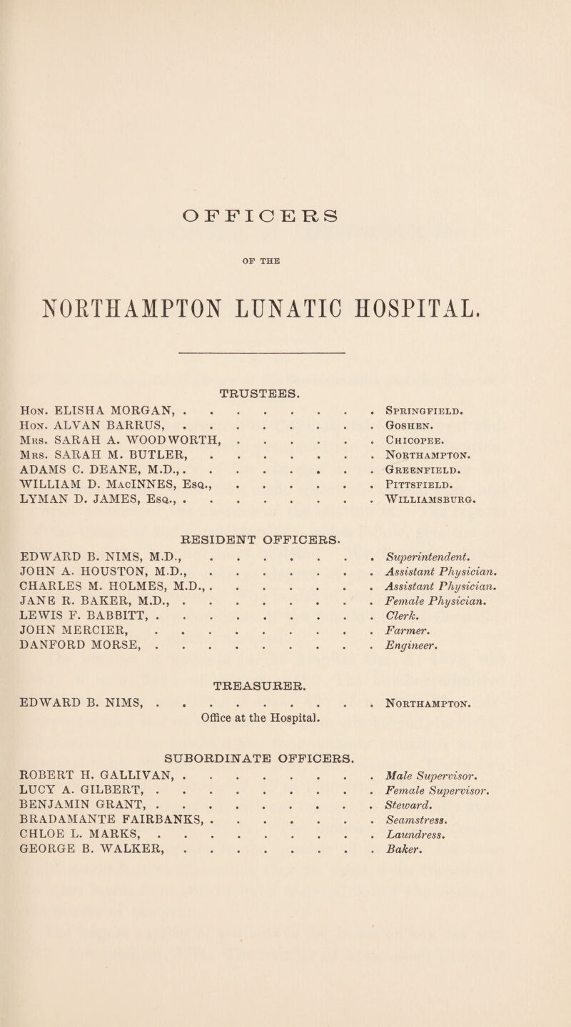 OFFICERS or THE NORTHAMPTON LUNATIC HOSPITAL. TRUSTEES. Hon. ELISHA MORGAN,.Springfield. Hon. ALYAN BARRUS,.. Goshen. Mrs. SARAH A. WOODWORTH.Chicopee. Mrs. SARAH M. BUTLER,.Northampton. ADAMS C. DEANE, M.D..Greenfield. WILLIAM D. MacINNES, Esq.,.Pittsfield. LYMAN D. JAMES, Esq.,.Williamsburg. RESIDENT OFFICERS. EDWARD B. NIMS, M.D.,.Superintendent. JOHN A. HOUSTON, M.D., ....... Assistant Physician. CHARLES M. HOLMES, M.D.,.Assistant Physician. JANE R. BAKER, M.D.,.Female Physician. LEWIS F. BABBITT.Clerk. JOHN MERC IE R,.Farmer. DANFORD MORSE,.. Engineer. TREASURER. EDWARD B. NIMS,.Northampton. Office at the Hospital. SUBORDINATE OFFICERS. ROBERT H. GALLIVAN, ........ Male Supervisor. LUCY A. GILBERT, ......... Female SujJervisor. BENJAMIN GRANT,.Steward. BRADAMANTE FAIRBANKS, ....... Seamstress. CHLOE L. MARKS, ......... Laundress. GEORGE B. WALKER, ........ Baker.