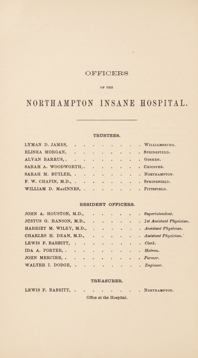 OFFICERS OF THE NORTHAMPTON INSANE HOSPITAL. TRUSTEES. LYMAN D. JAMES,.Williamsburg. ELISHA MORGAN,.Springfield. ALVAN BARRUS,.Goshen. SARAH A. WOODWORTH,.Chicopee. SARAH M. BUTLER,.Northampton. F. W. CHAPIN, M.D.,.Springfield. WILLIAM D. MacINNES,.Pittsfield. RESIDENT OFFICERS. JOHN A. HOUSTON, M.D., JUSTUS G. HANSON, M.D., HARRIET M. WILEY, M.D., CHARLES H. DEAN, M.D., LEWIS F. BABBITT, . IDA A. PORTER, . JOHN MERCIER, . WALTER I. DODGE, . Superintendent. 1st Assistant Physician. Assistant Physician. Assistant Physician.' Clerk. Matron. Farmer. Engineer. TREASURER. LEWIS F. BABBITT, Northampton. Office at the Hospital