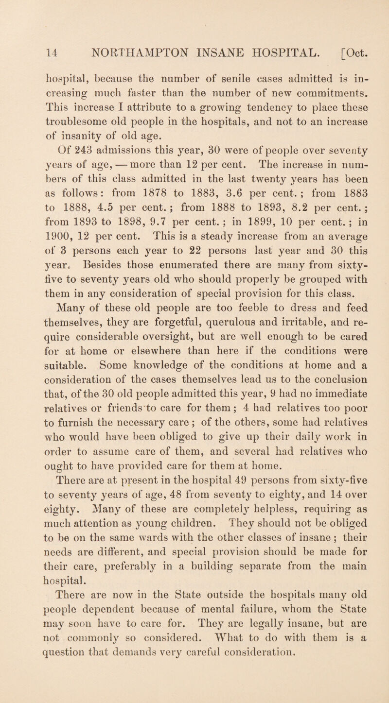 hospital, because the number of senile cases admitted is in¬ creasing much faster than the number of new commitments. This increase I attribute to a growing tendency to place these troublesome old people in the hospitals, and not to an increase of insanity of old age. Of 243 admissions this year, 30 were of people over seventy years of age, — more than 12 per cent. The increase in num¬ bers of this class admitted in the last twenty years has been as follows: from 1878 to 1883, 3.6 per cent.; from 1883 to 1888, 4.5 per cent. ; from 1888 to 1893, 8.2 per cent. ; from 1893 to 1898, 9.7 per cent. ; in 1899, 10 per cent. ; in 1900, 12 per cent. This is a steady increase from an average of 3 persons each year to 22 persons last year and 30 this year* Besides those enumerated there are many from sixty- tive to seventy years old who should properly be grouped with them in any consideration of special provision for this class. Many of these old people are too feeble to dress and feed themselves, they are forgetful, querulous and irritable, and re¬ quire considerable oversight, but are well enough to be cared for at home or elsewhere than here if the conditions were suitable. Some knowledge of the conditions at home and a consideration of the cases themselves lead us to the conclusion that, of the 30 old people admitted this year, 9 had no immediate relatives or friends to care for them; 4 had relatives too poor to furnish the necessary care ; of the others, some had relatives who would have been obliged to give up their daily work in order to assume care of them, and several had relatives who ought to have provided care for them at home. There are at present in the hospital 49 persons from sixty-five to seventy years of age, 48 from seventy to eighty, and 14 over eighty. Many of these are completely helpless, requiring as much attention as young children. They should not be obliged to be on the same wards with the other classes of insane ; their needs are different, and special provision should be made for their care, preferably in a building separate from the main hospital. There are now in the State outside the hospitals many old people dependent because of mental failure, whom the State may soon have to care for. They are legally insane, but are not commonly so considered. What to do with them is a question that demands very careful consideration.