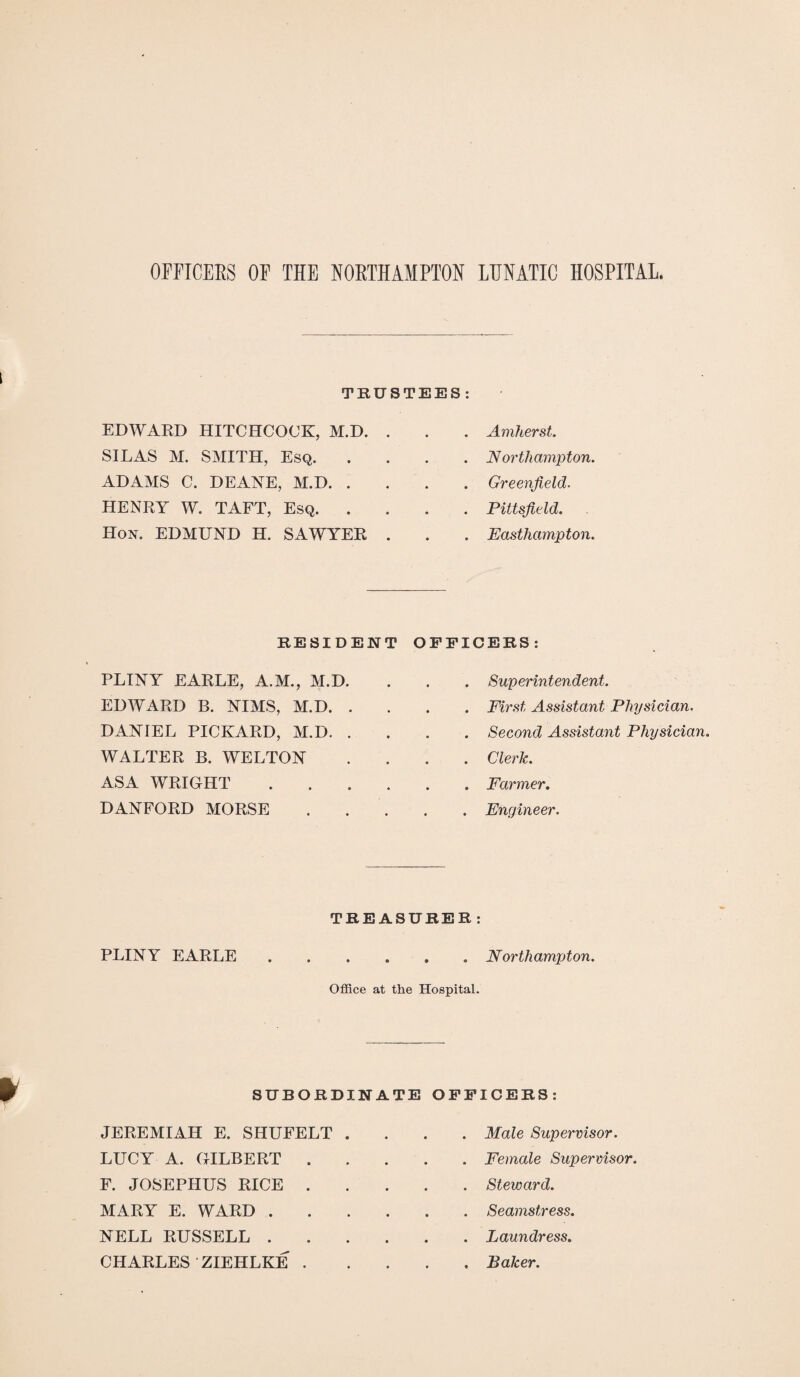 OFFICEES OF THE NORTHAMPTON LUNATIC HOSPITAL. TRUSTEES: EDWARD HITCHCOCK, M.D. SILAS M. SMITH, Esq. ADAMS C. DEANE, M.D. . HENRY W. TAFT, Esq. . Hon. EDMUND H. SAWYER Amherst. Northampton. Greenfield. Pittsfield. Easthampton. RESIDENT PLINY EARLE, A.M., M.D. EDWARD B. NIMS, M.D. . DANIEL PICKARD, M.D. . WALTER B. WELTON ASA WRIGHT .... DANFORD MORSE OFFICERS: . . Superintendent. . First Assistant Physician. . Second Assistant Physician. . Clerk. . Farmer. . Engineer. TREASURER : PLINY EARLE ...... Northampton. Office at the Hospital. SUBORDINATE OFFICERS: JEREMIAH E. SHUFELT .... Male Supervisor. LUCY A. GILBERT.Female Supervisor. F. JOSEPHUS RICE.Steward. MARY E. WARD.Seamstress. NELL RUSSELL.Laundress. CHARLES ZIEHLKE.Baker.