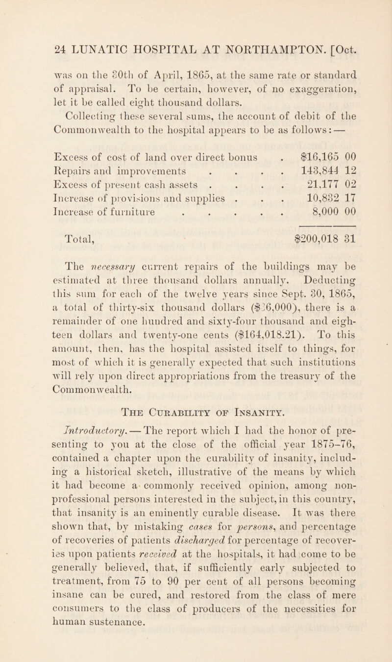 was on the 80th of April, 1865, at the same rate or standard of appraisal. To be certain, however, of no exaggeration, let it be called eight thousand dollars. O Collecting these several sums, the account of debit of the Commonwealth to the hospital appears to be as follows: — Ex cess of cost of land over direct bonus Repairs and improvements Excess of present cash assets Increase of provisions and supplies . Increase of furniture $16,165 00 148,841 12 21,177 02 10,832 17 8,000 00 Total, $200,018 31 The necessary current repairs of the buildings may be estimated at three thousand dollars annuallju Deducting this sum for each of the twelve years since Sept. 30, 1865, a total of thirty-six thousand dollars ($16,000), there is a remainder of one hundred and sixty-four thousand and eigh¬ teen dollars and twenty-one cents ($164,018.21). To this amount, then, has the hospital assisted itself to things, for most of which it is generally expected that such institutions will rely upon direct appropriations from the treasury of the Commonwealth. The Curability of Insanity. Introductory. — The report which I had the honor of pre¬ senting to you at the close of the official year 1875-76, contained a chapter upon the curability of insanity, includ¬ ing a historical sketch, illustrative of the means by which it had become a commonly received opinion, among non¬ professional persons interested in the subject, in this country, that insanity is an eminently curable disease. It was there shown that, by mistaking cases for persons, and percentage of recoveries of patients discharged for percentage of recover¬ ies upon patients received at the hospitals, it had come to be generally believed, that, if sufficiently early subjected to treatment, from 75 to 90 per cent of all persons becoming insane can be cured, and restored from the class of mere consumers to the class of producers of the necessities for human sustenance.