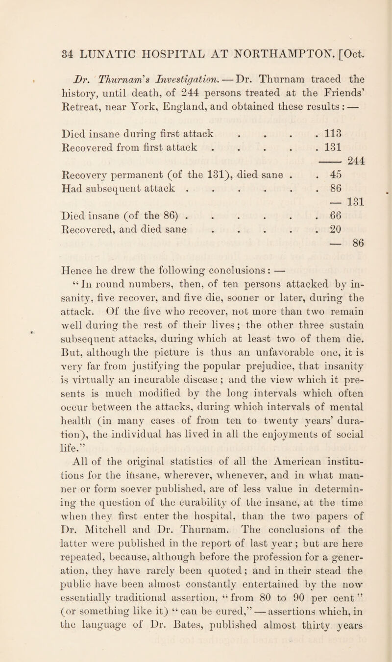 Dr. Thurnam s Investigation. — Dr. Thurnam traced the history, until death, of 244 persons treated at the Friends’ Retreat, near York, England, and obtained these results: — Died insane during first attack .... 113 Recovered from first attack ..... 131 --- 244 Recovery permanent (of the 131), died sane . . 45 Had subsequent attack . . . . . .86 — 131 Died insane (of the 86) . . . . . .66 Recovered, and died sane . . . . .20 — 86 Hence he drew the following conclusions: — “In round numbers, then, of ten persons attacked by in¬ sanity, five recover, and five die, sooner or later, during the attack. Of the five who recover, not more than two remain well during the rest of their lives; the other three sustain subsequent attacks, during which at least two of them die. But, although the picture is thus an unfavorable one, it is very far from justifying the popular prejudice, that insanity is virtually an incurable disease ; and the view which it pre¬ sents is much modified by the long intervals which often occur between the attacks, during which intervals of mental health (in many cases of from ten to twenty years’ dura¬ tion), the individual has lived in all the enjoyments of social life.” All of the original statistics of all the American institu¬ tions for the insane, wherever, whenever, and in what man¬ ner or form soever published, are of less value in determin¬ ing the question of the curability of the insane, at the time when they first enter the hospital, than the two papers of Dr. Mitchell and Dr. Thurnam. The conclusions of the latter were published in the report of last year; but are here repeated, because, although before the profession for a gener¬ ation, they have rarely been quoted; and in their stead the public have been almost constantly entertained by the now essentially traditional assertion, “from 80 to 90 per cent” (or something like it) “ can be cured,” — assertions which, in the language of Dr. Bates, published almost thirty years