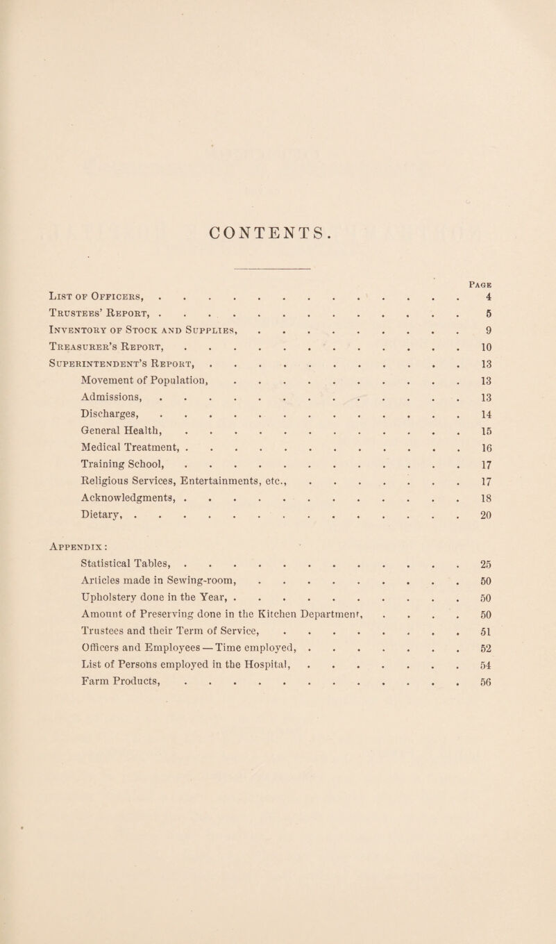 CONTENTS Page List of Officers,.4 Trustees’ Report,.5 Inventory of Stock and Supplies,.9 Treasurer’s Report,.10 Superintendent’s Report,.13 Movement of Population,.13 Admissions.13 Discharges,.14 General Health,.15 Medical Treatment,.16 Training School,.17 Religious Services, Entertainments, etc.,.17 Acknowledgments,.18 Dietary,.20 Appendix : Statistical Tables,.25 Articles made in Sewing-room,.50 Upholstery done in the Year,.50 Amount of Preserving done in the Kitchen Department, .... 50 Trustees and their Term of Service,. 51 Officers and Employees — Time employed,.52 List of Persons employed in the Hospital,.54 Farm Products,.56