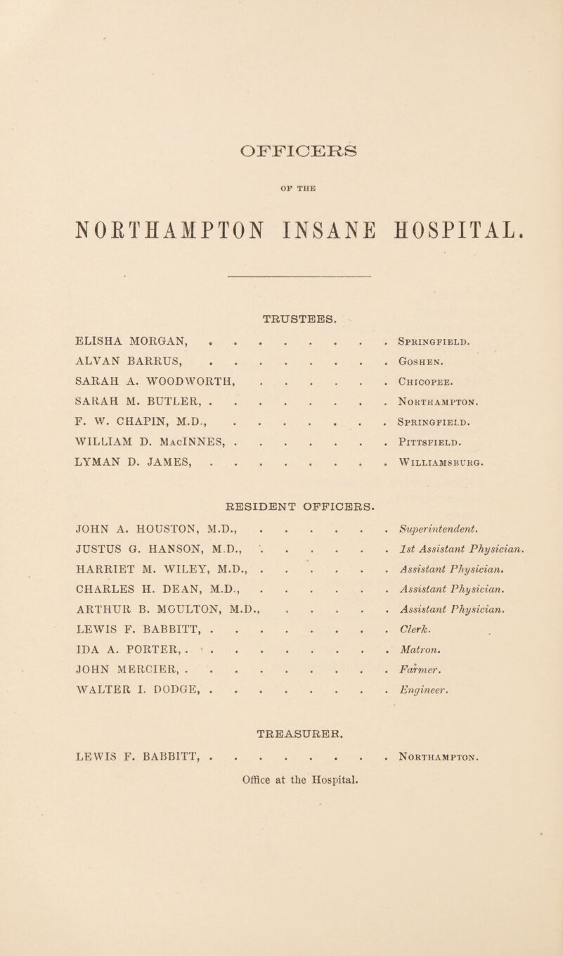 OFFICERS OF THE NORTHAMPTON INSANE HOSPITAL. TRUSTEES. ELISHA MORGAN, • • • . Springfield. ALVAN BARRUS, • • • . Goshen. SARAH A. WOODWORTH, • • • . Chicopee. SARAH M. BUTLER, . F. W. CHAPIN, M.D., WILLIAM D. MacINNES, . • • • . Pittsfield. LYMAN D. JAMES, . • • • . Williamsburg. RESIDENT OFFICERS. JOHN A. HOUSTON, M.D., JUSTUS G. HANSON, M.D., HARRIET M. WILEY, M.D., CHARLES II. DEAN, M.D., ARTHUR B. MOULTON, M.D., LEWIS F. BABBITT, . IDA A. PORTER, . • . JOHN MERCIER, . WALTER I. DODGE, . Superintendent. 1st Assistant Physician. Assistant Physician. Assistant Physician. Assistant Physician. Clerk. Matron. Farmer. Engineer. LEWIS F. BABBITT, TREASURER. Northampton. Office at the Hospital.