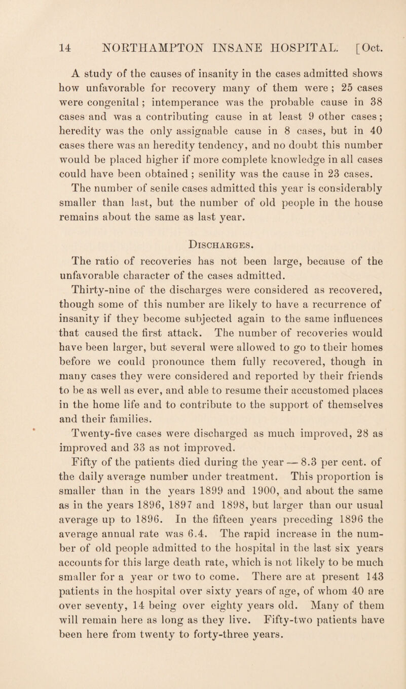 A study of the causes of insanity in the cases admitted shows how unfavorable for recovery many of them were ; 25 cases were congenital; intemperance was the probable cause in 38 cases and was a contributing cause in at least 9 other cases; heredity was the only assignable cause in 8 cases, but in 40 cases there was an heredity tendency, and no doubt this number would be placed higher if more complete knowledge in all cases could have been obtained ; senility was the cause in 23 cases. The number of senile cases admitted this year is considerably smaller than last, but the number of old people in the house remains about the same as last year. Discharges. The ratio of recoveries has not been large, because of the unfavorable character of the cases admitted. Thirty-nine of the discharges were considered as recovered, though some of this number are likely to have a recurrence of insanity if they become subjected again to the same influences that caused the first attack. The number of recoveries would have been larger, but several were allowed to go to their homes before we could pronounce them fully recovered, though in many cases they were considered and reported by their friends to be as well as ever, and able to resume their accustomed places in the home life and to contribute to the support of themselves and their families. Twenty-five cases were discharged as much improved, 28 as improved and 33 as not improved. Fifty of the patients died during the year — 8.3 per cent, of the daily average number under treatment. This proportion is smaller than in the years 1899 and 1900, and about the same as in the years 1896, 1897 and 1898, but larger than our usual average up to 1896. In the fifteen years preceding 1896 the average annual rate was 6.4. The rapid increase in the num¬ ber of old people admitted to the hospital in the last six years accounts for this large death rate, which is not likely to be much smaller for a year or two to come. There are at present 143 patients in the hospital over sixty years of age, of whom 40 are over seventy, 14 being over eighty years old. Many of them will remain here as long as they live. Fifty-two patients have been here from twenty to forty-three years.