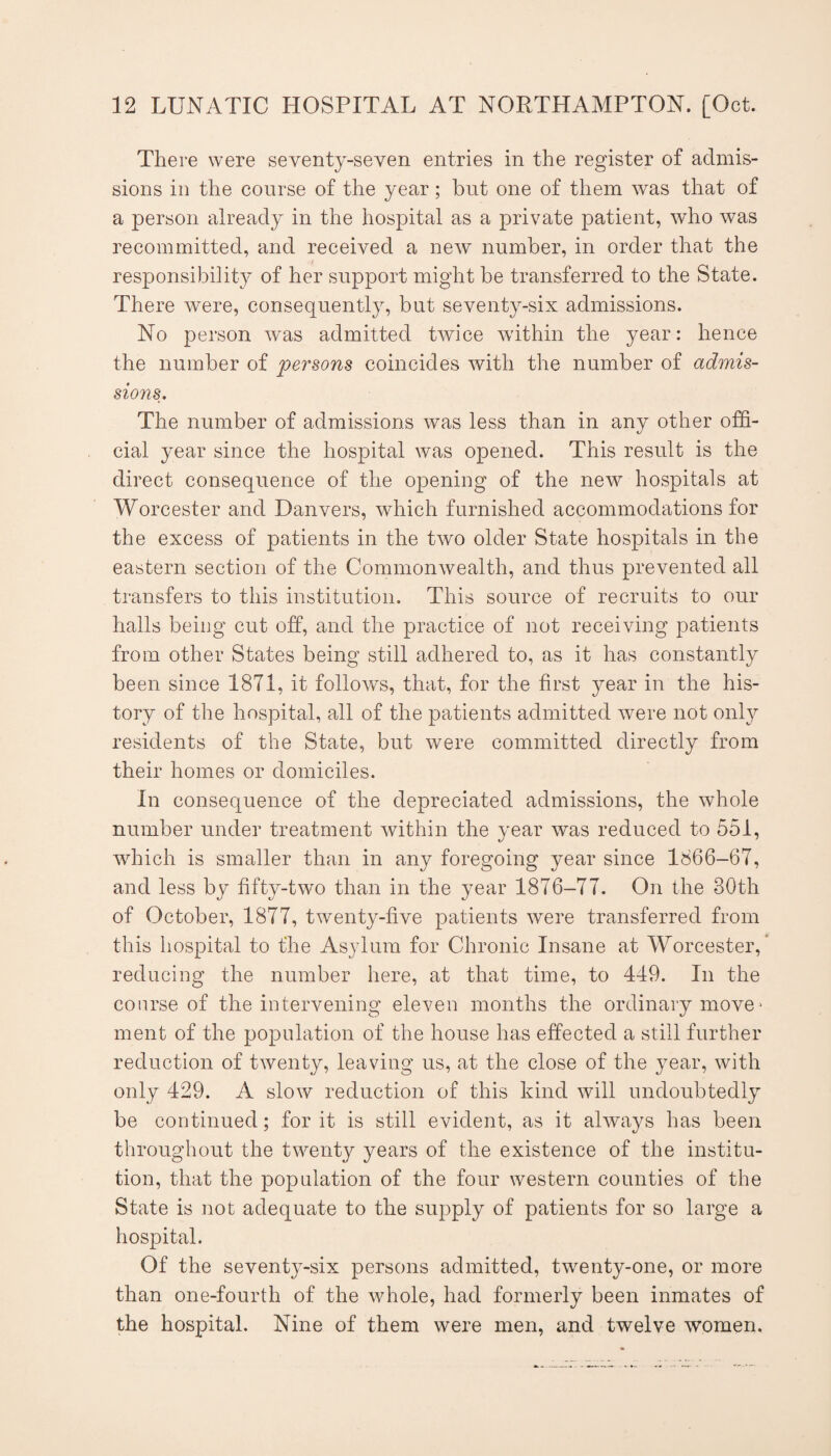 There were seventy-seven entries in the register of admis¬ sions in the course of the year; but one of them was that of a person already in the hospital as a private patient, who was recommitted, and received a new number, in order that the responsibility of her support might be transferred to the State. There were, consequently, but seventy-six admissions. No person was admitted twice wdthin the year: hence the number of persons coincides with the number of admis¬ sions. The number of admissions was less than in any other offi¬ cial year since the hospital was opened. This result is the direct consequence of the opening of the new hospitals at Worcester and Danvers, which furnished accommodations for the excess of patients in the two older State hospitals in the eastern section of the Commonwealth, and thus prevented all transfers to this institution. This source of recruits to our halls being cut off, and the practice of not receiving patients from other States being still adhered to, as it has constantly been since 1871, it follows, that, for the first year in the his¬ tory of the hospital, all of the patients admitted w^ere not only residents of the State, but were committed directly from their homes or domiciles. In consequence of the depreciated admissions, the whole number under treatment within the year was reduced to 551, which is smaller than in any foregoing year since 1866-67, and less by fifty-two than in the year 1876-77. On the 30th of October, 1877, twenty-five patients were transferred from this hospital to fhe Asylum for Chronic Insane at Worcester,* reducing the number here, at that time, to 449. In the course of the intervening eleven months the ordinary move> ment of the population of the house has effected a still further reduction of twenty, leaving us, at the close of the year, with only 429. A slow reduction of this kind will undoubtedly be continued; for it is still evident, as it always has been throughout the twenty years of the existence of the institu¬ tion, that the population of the four western counties of the State is not adequate to the supply of patients for so large a hospital. Of the seventy-six persons admitted, twenty-one, or more than one-fourth of the whole, had formerly been inmates of the hospital. Nine of them were men, and twelve women.