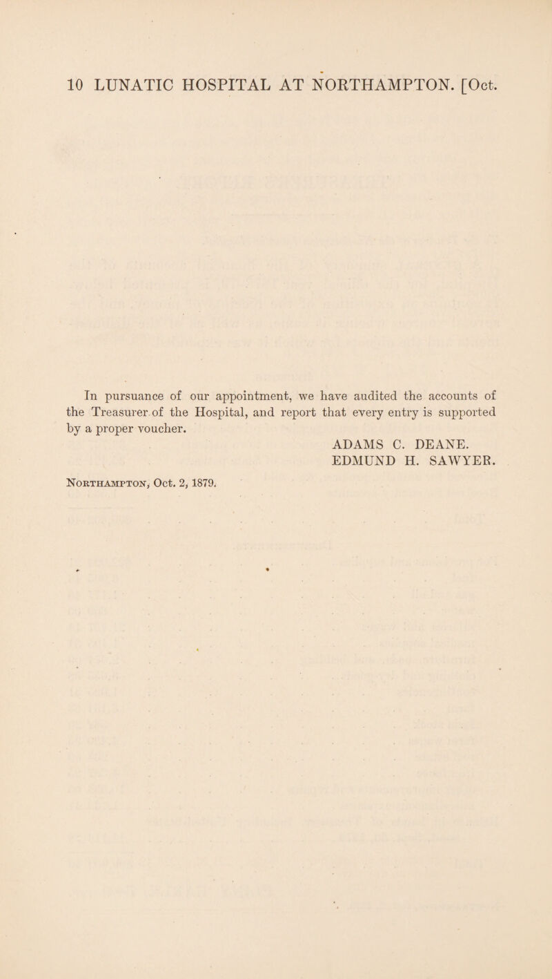In pursuance of our appointment, we have audited the accounts of the Treasurer of the Hospital, and report that every entry is supported by a proper voucher. Northampton-, Oct. 2,1879. ADAMS C. DEANE. EDMUND H. SAWYER.
